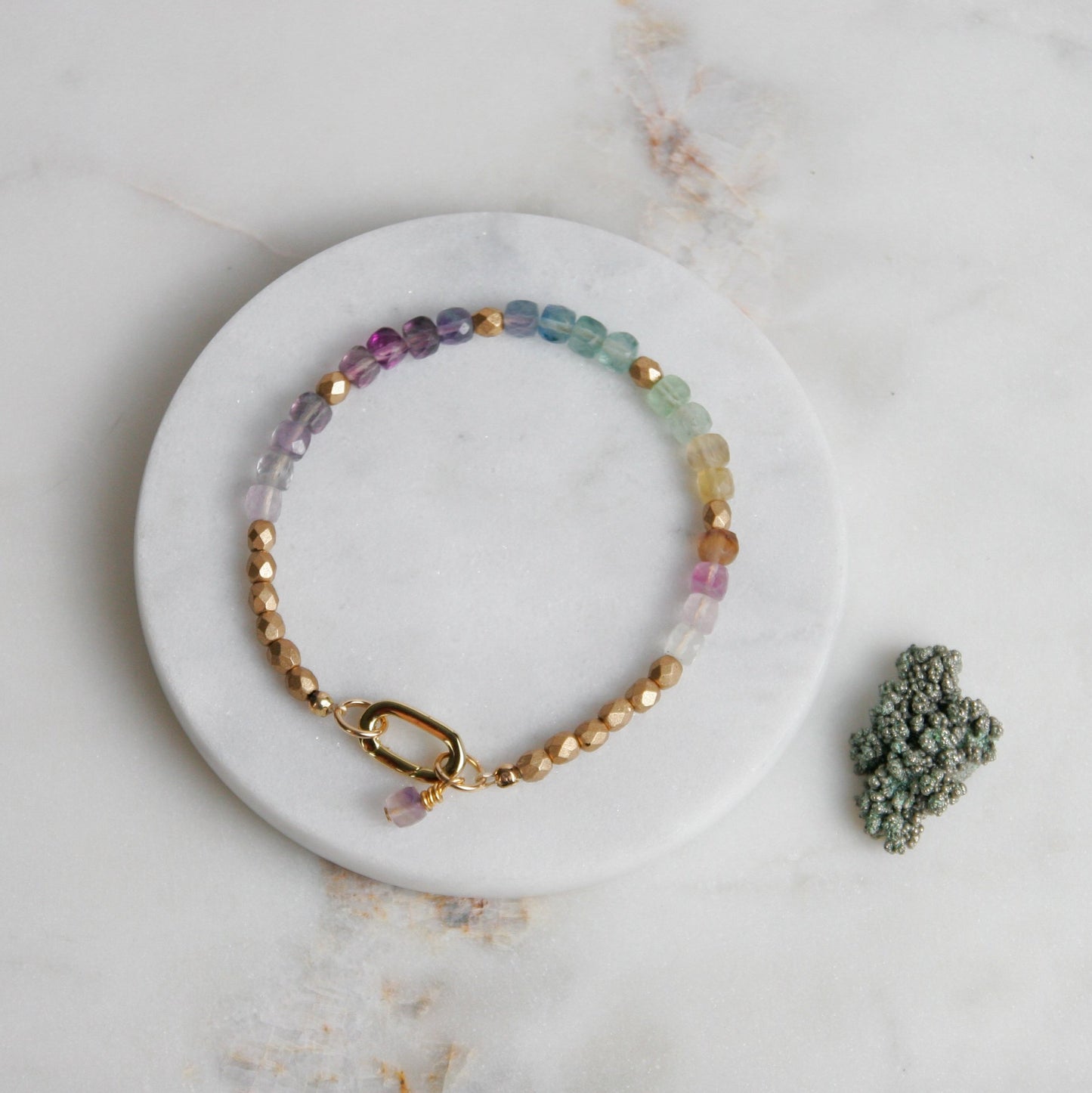 Gold Fire Glass and Rainbow Fluorite Bracelet