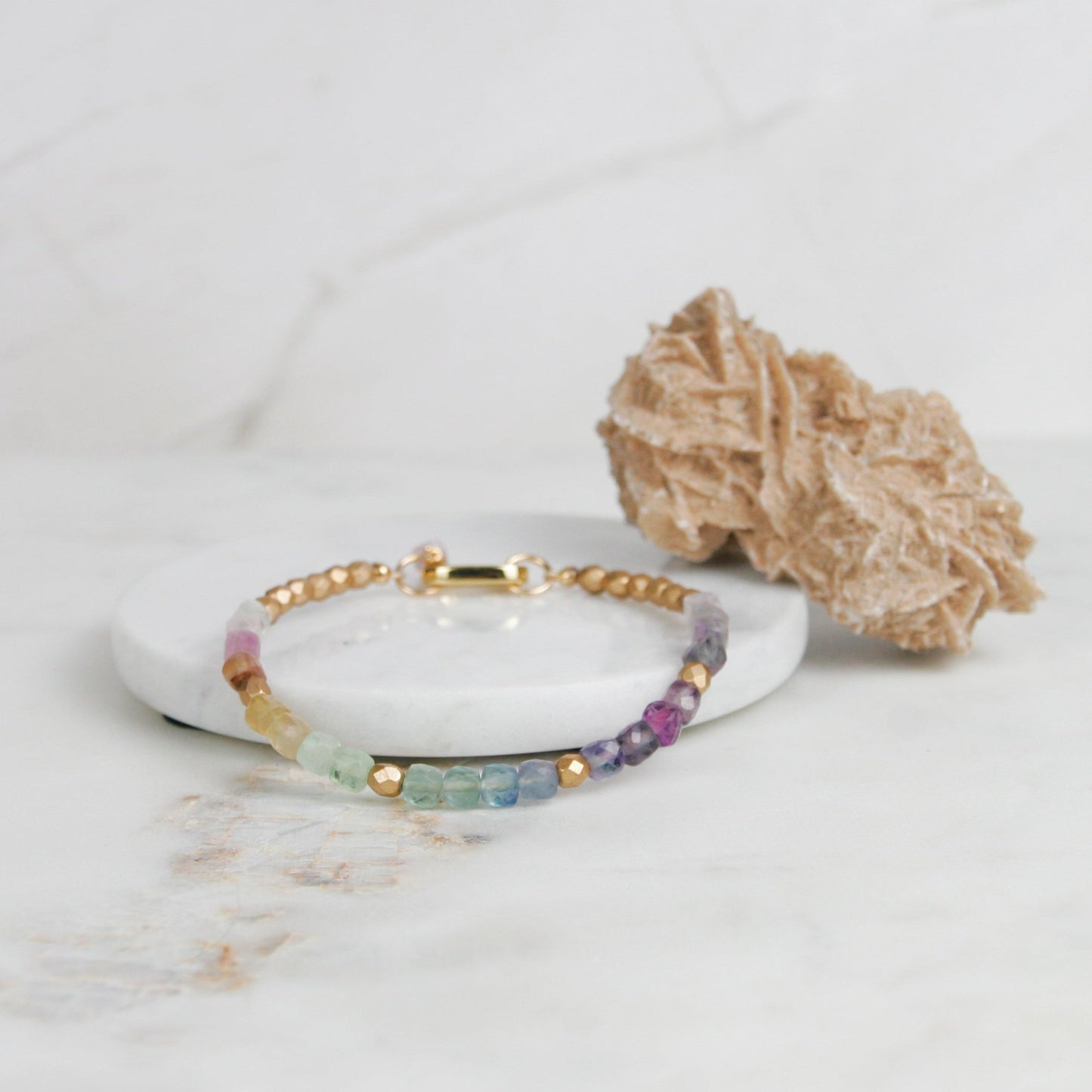Gold Fire Glass and Rainbow Fluorite Bracelet