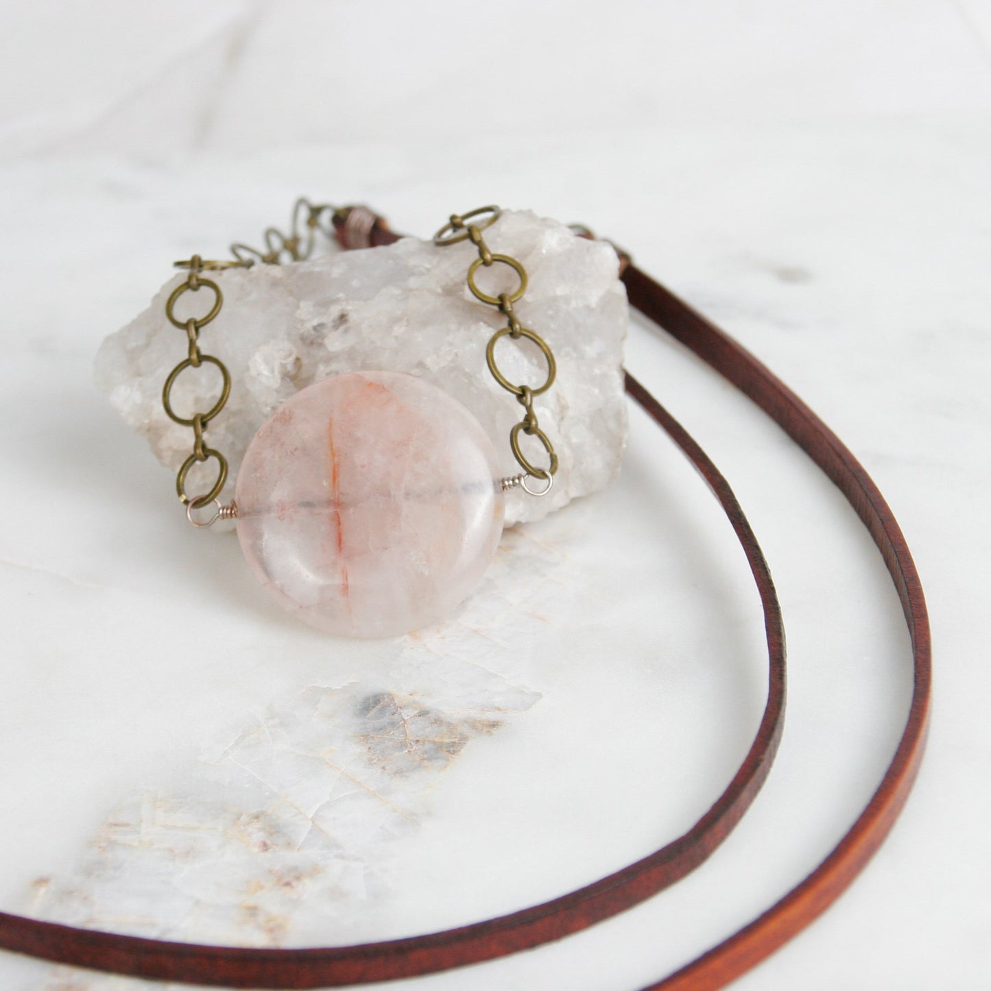 Rose Quartz and Leather Pendant Necklace