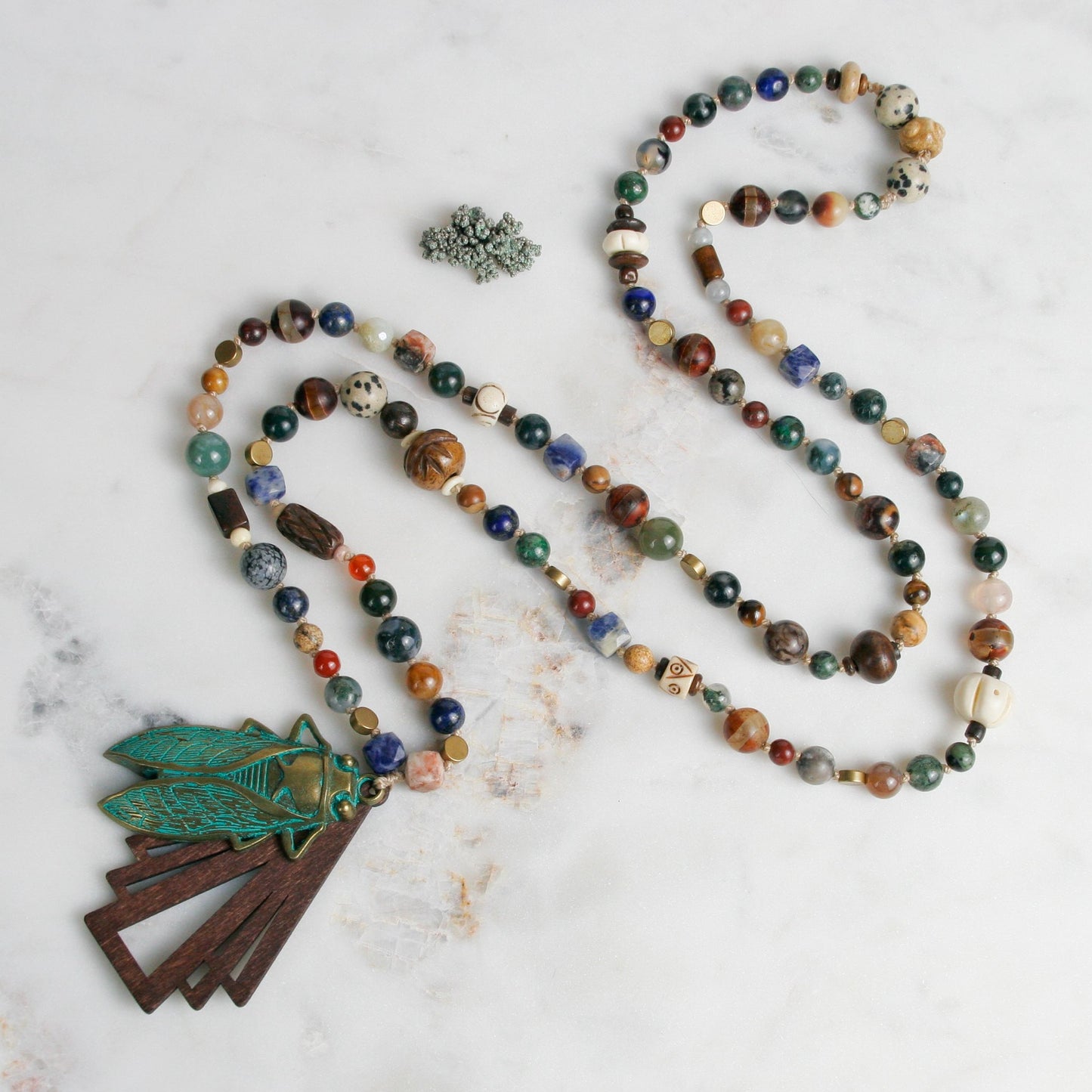 Multi-stone Brass Cicada Pendant Necklace