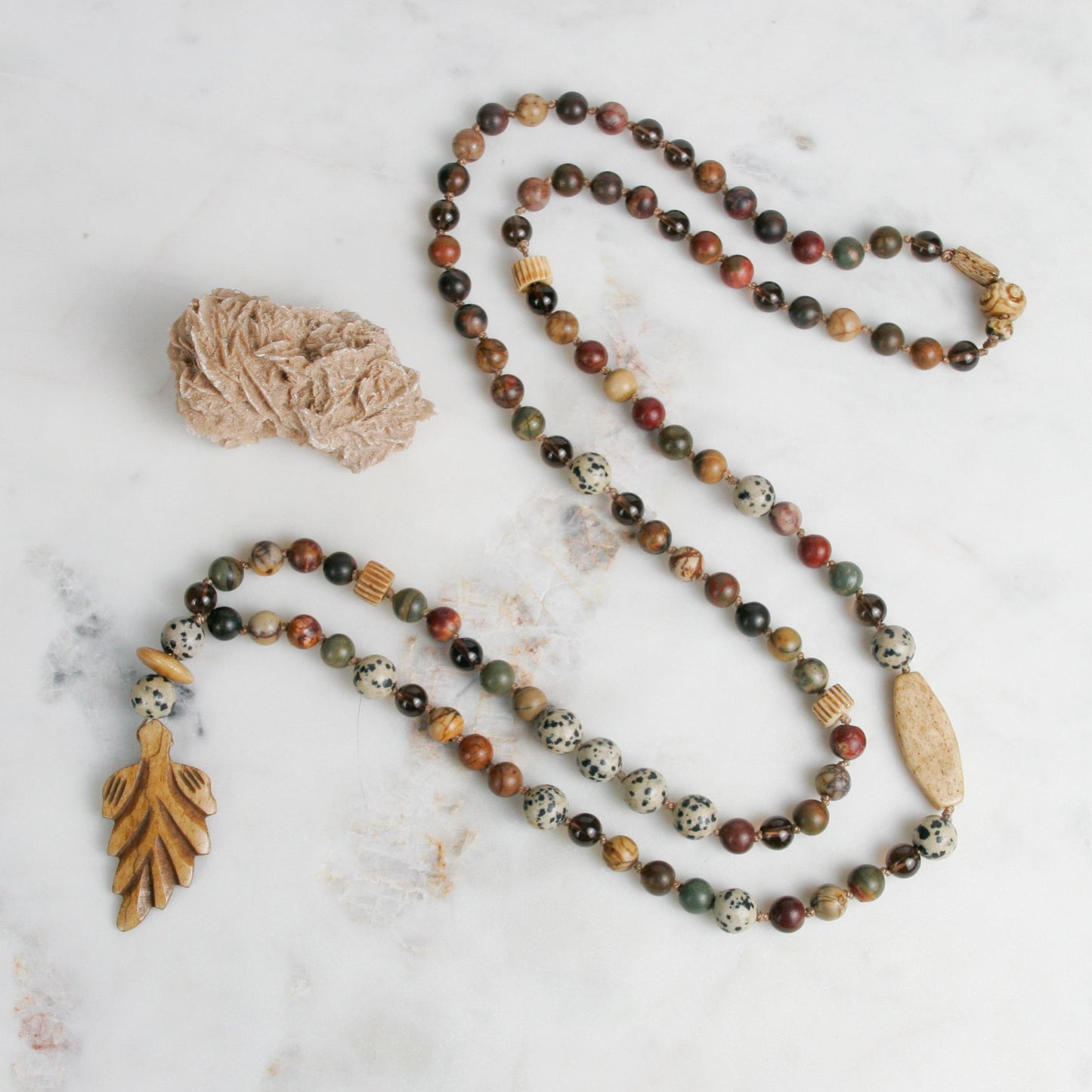 Red Cherry Creek Jasper Necklace with Smokey Quartz and Dalmatian Jasper Accents
