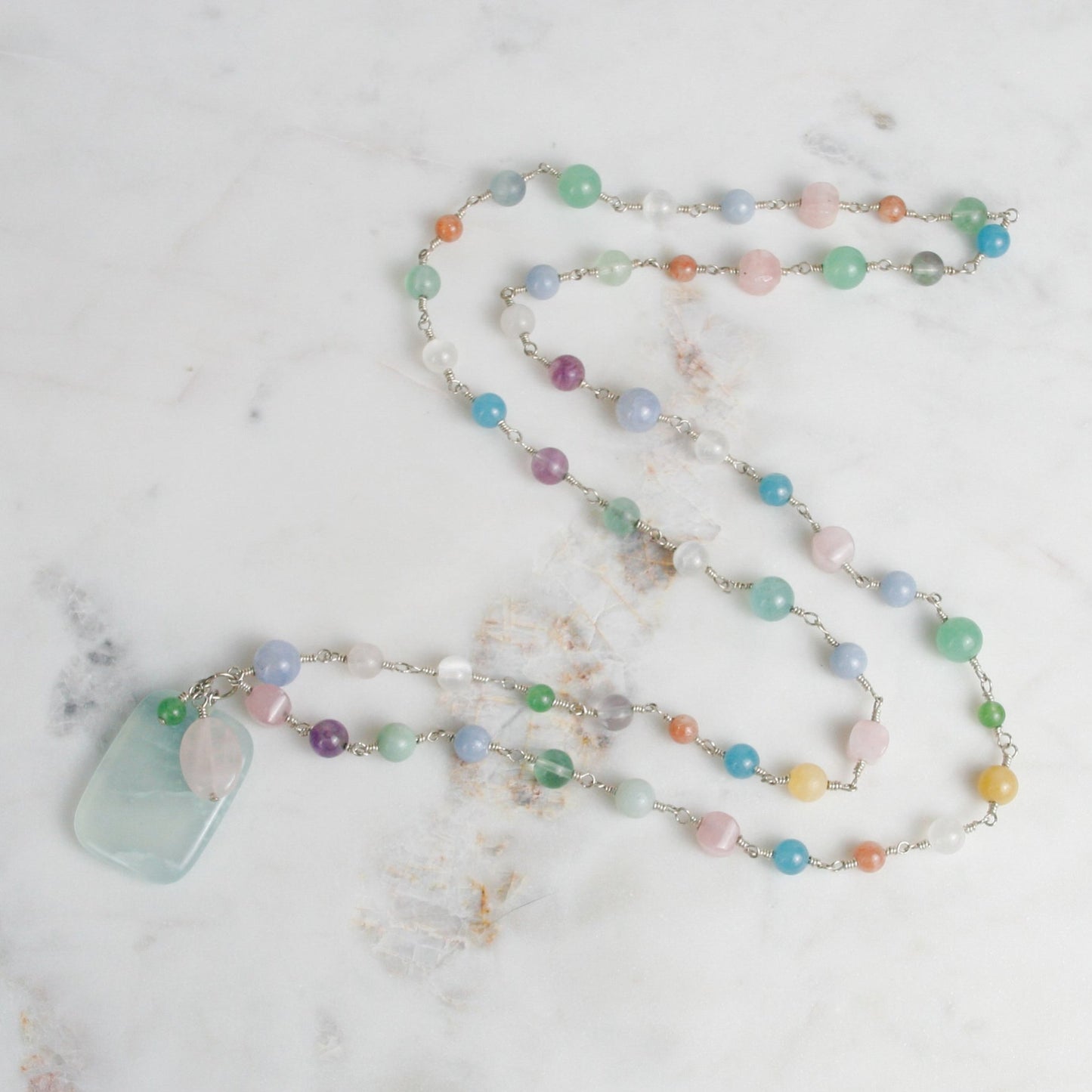 Silver and Pastel Stone Necklace with Green Fluorite Pendant
