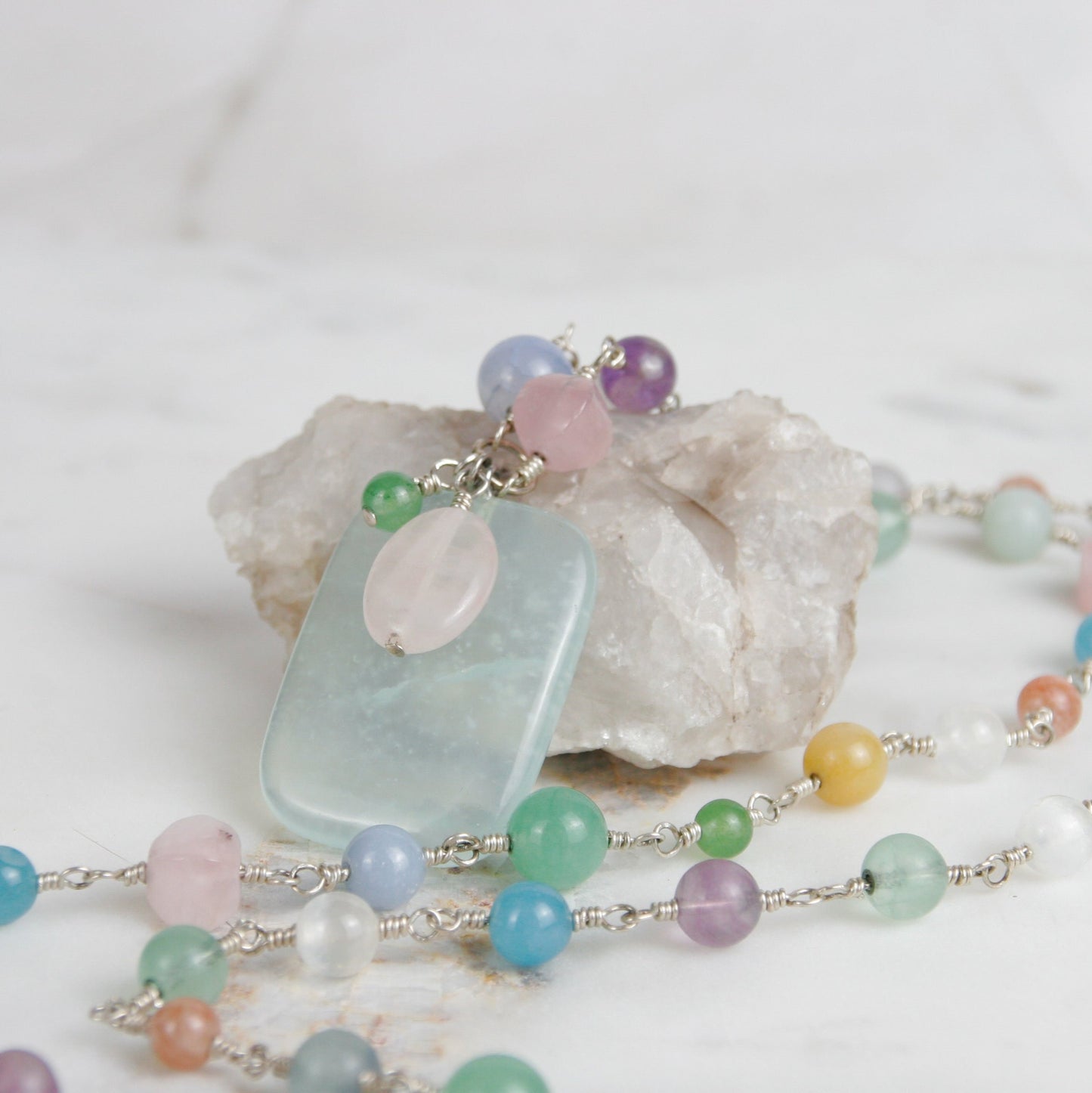 Silver and Pastel Stone Necklace with Green Fluorite Pendant