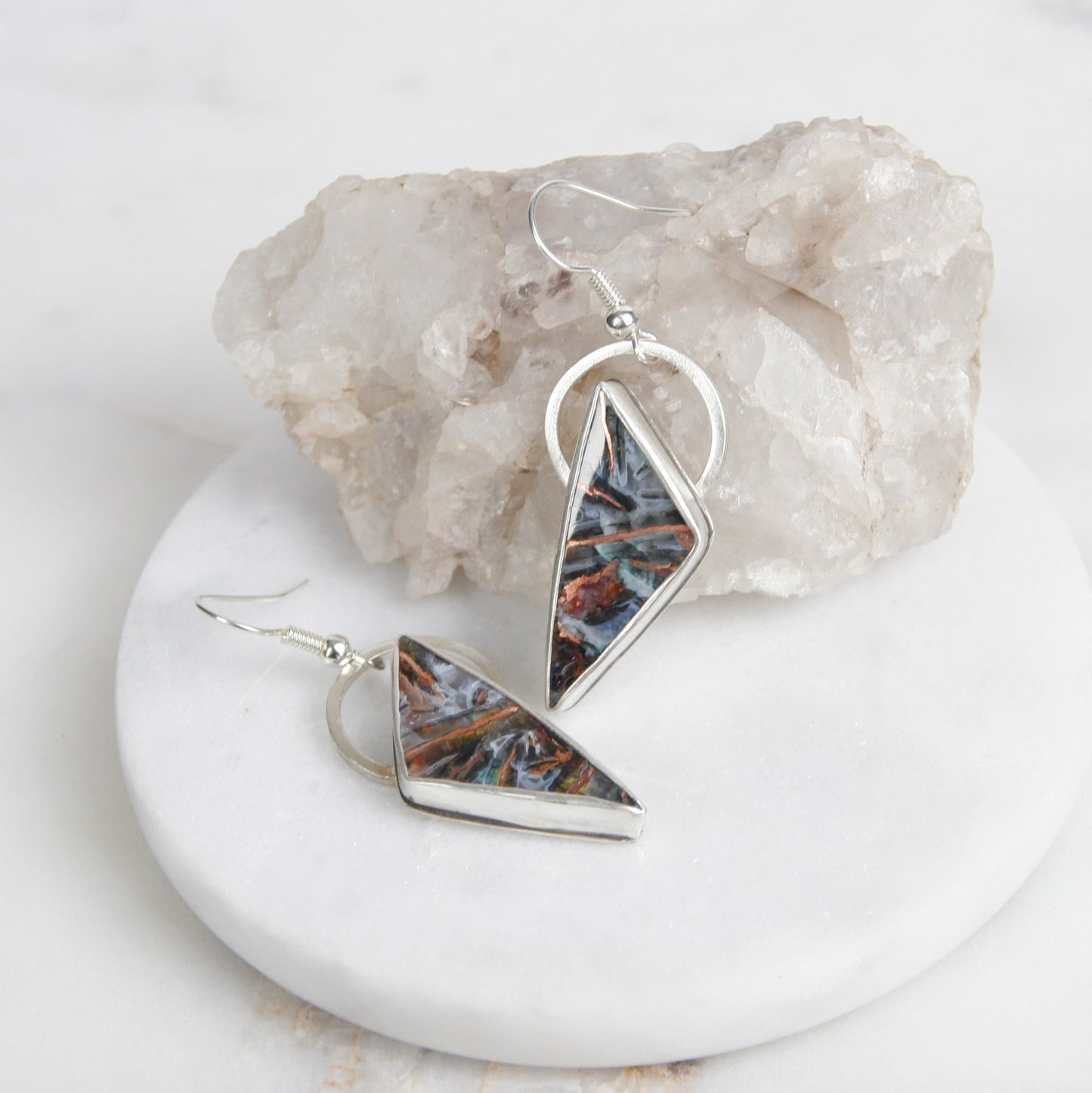 Opalized Petrified Wood with Native Copper Drop Earrings