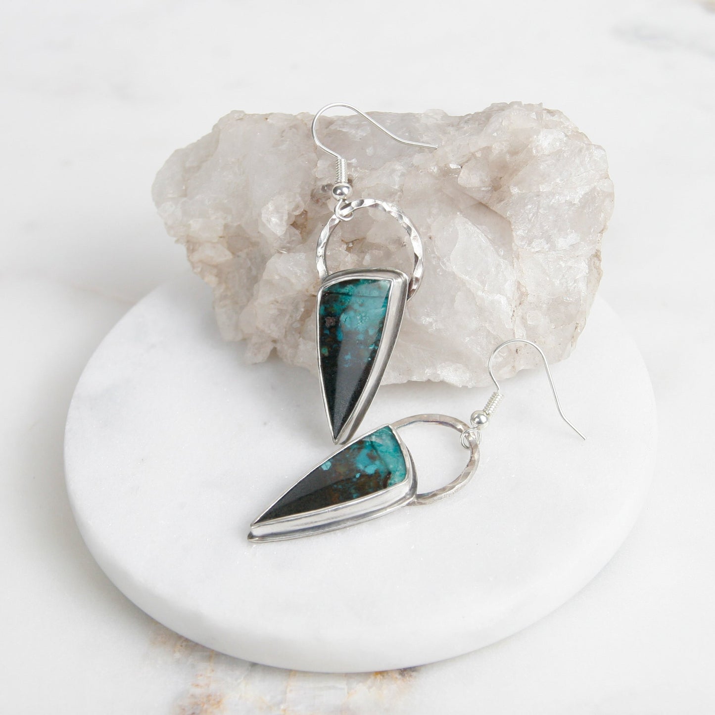 Black and Blue Opalized Petrified Wood Drop Earrings