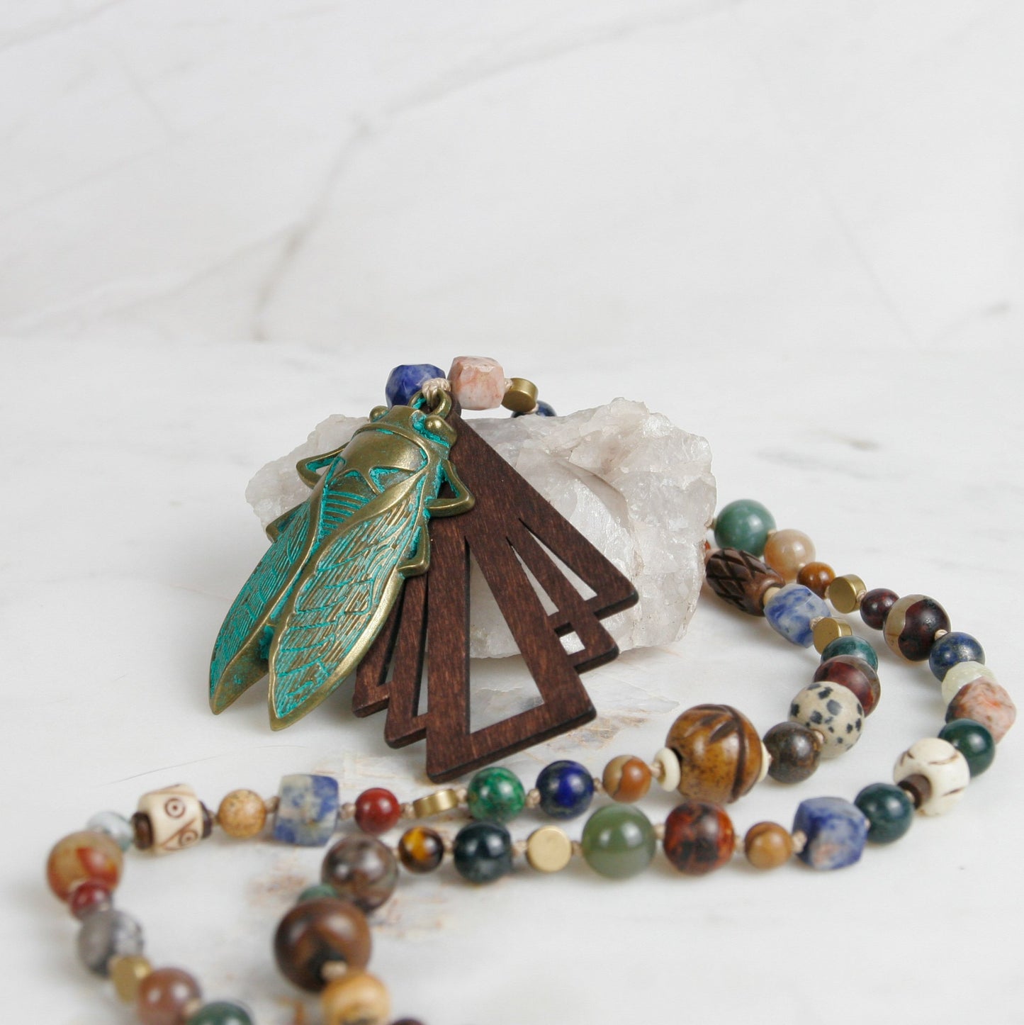 Multi-stone Brass Cicada Pendant Necklace