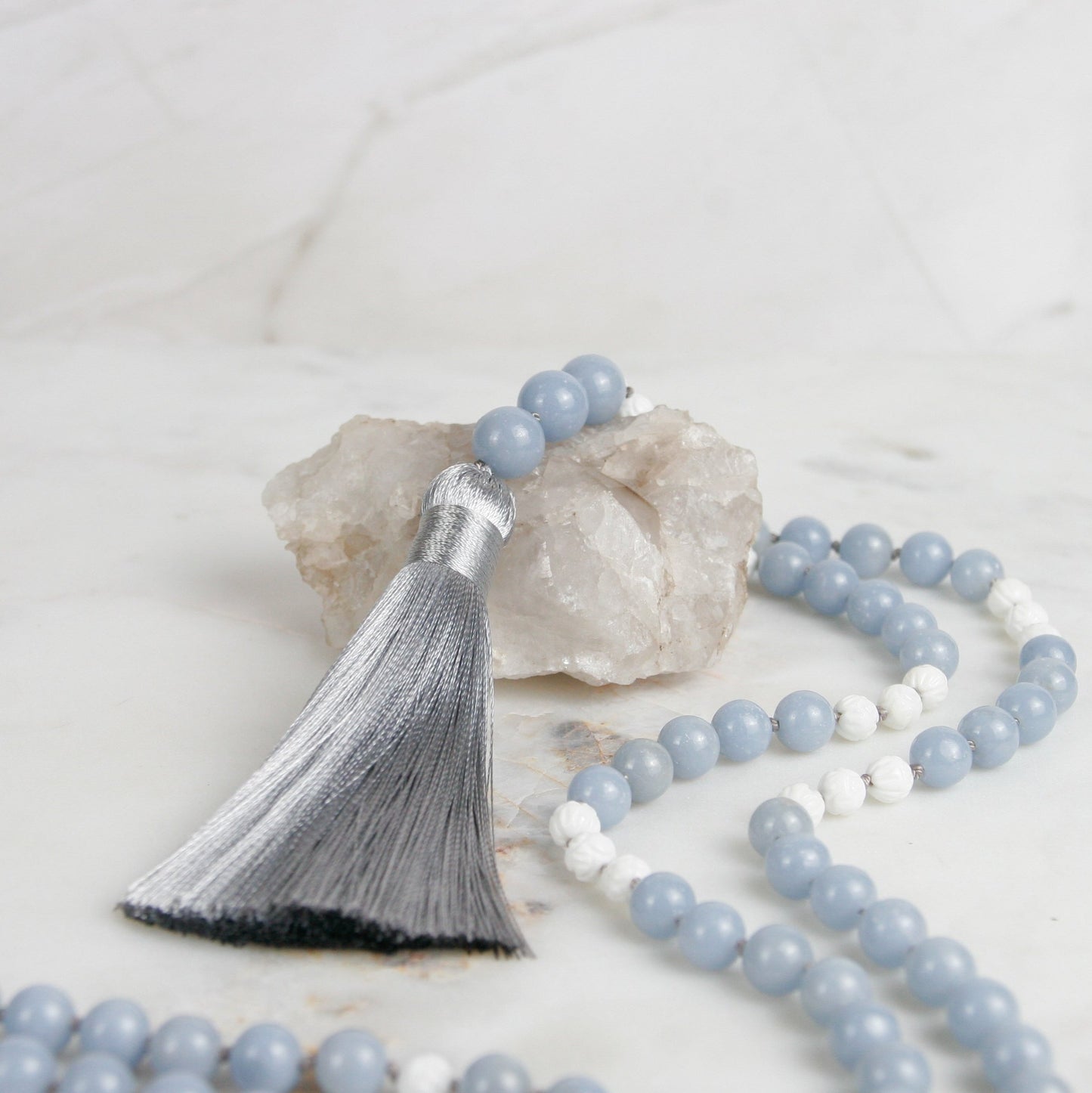 Angelite Mala Necklace with White Lotus Accents