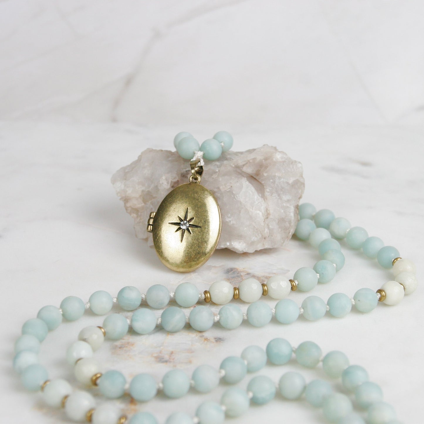 Blue Amazonite Mala-Style Necklace with Brass Locket
