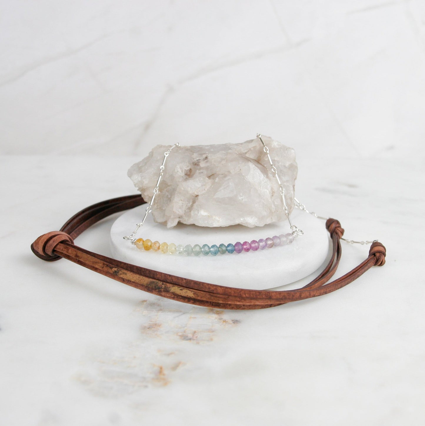 Rainbow Fluorite Bar Necklace with Leather