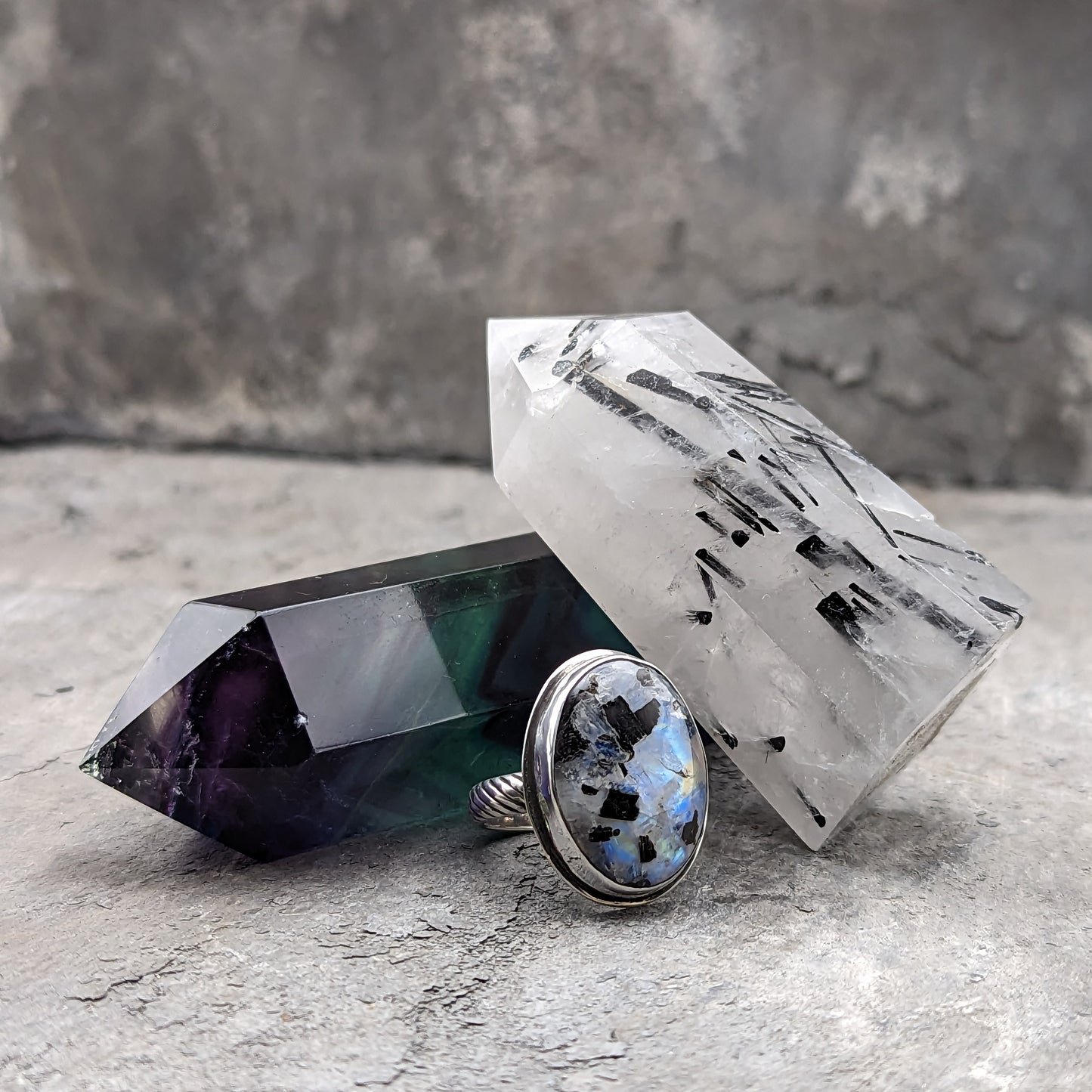 Moonstone with Black Tourmaline Ring
