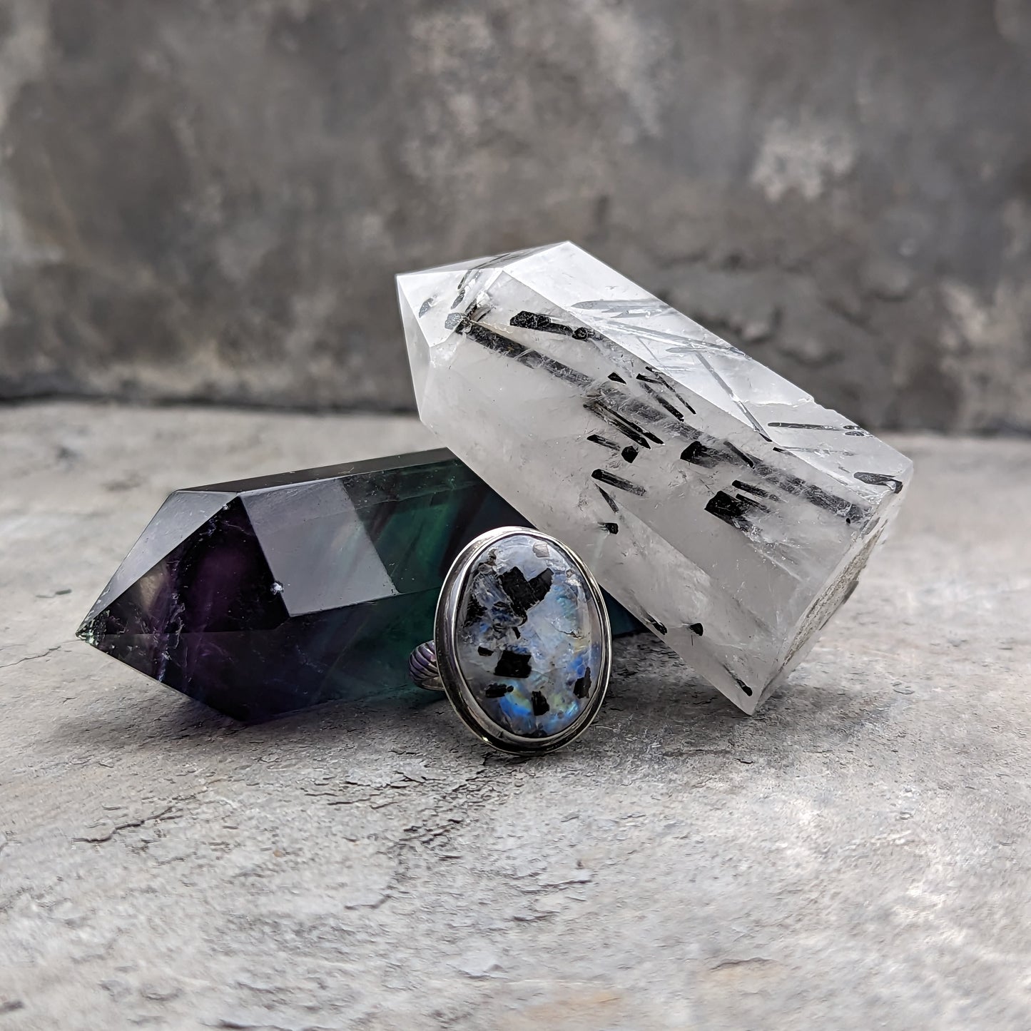 Moonstone with Black Tourmaline Ring