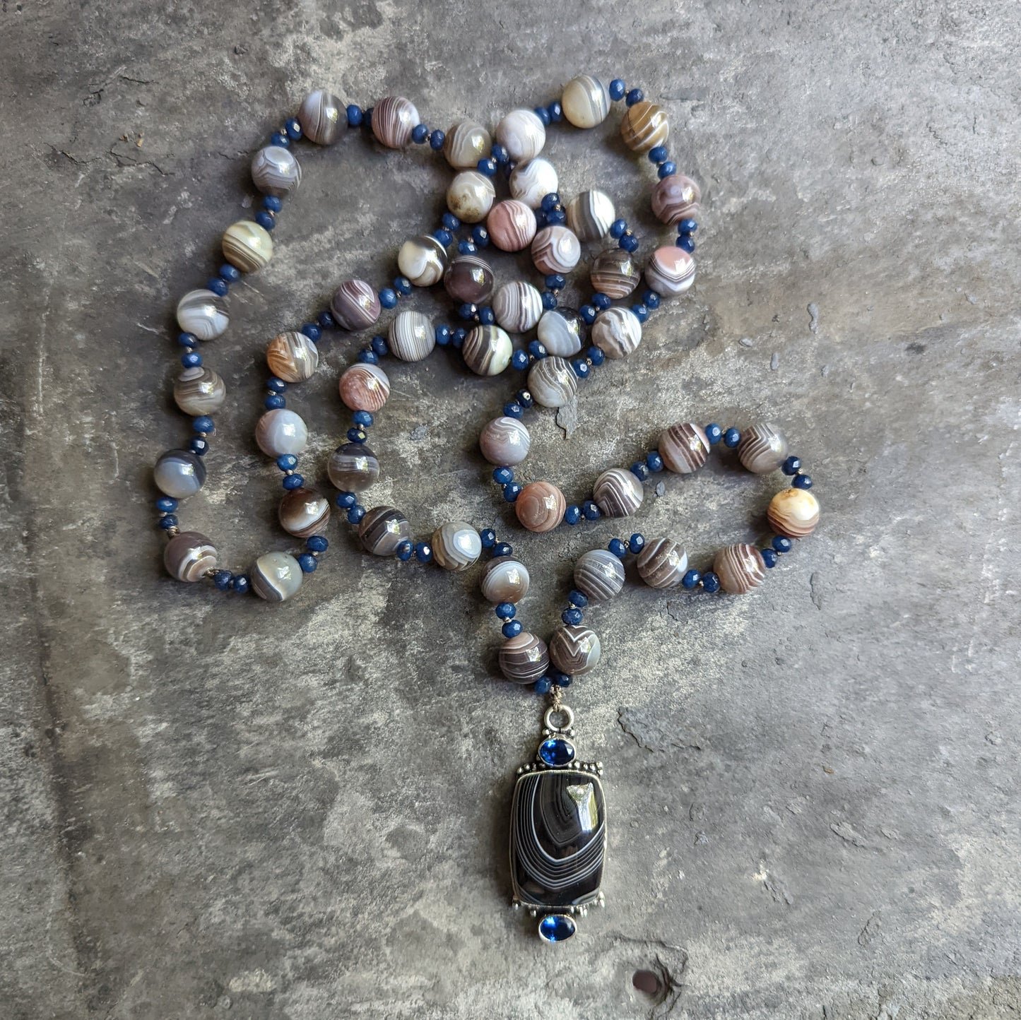 AAA Sapphire and AA Botswana Agate Necklace with Sterling Silver Pendant