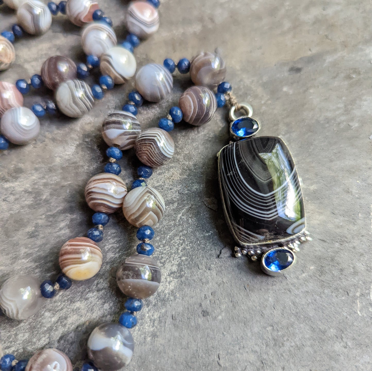 AAA Sapphire and AA Botswana Agate Necklace with Sterling Silver Pendant