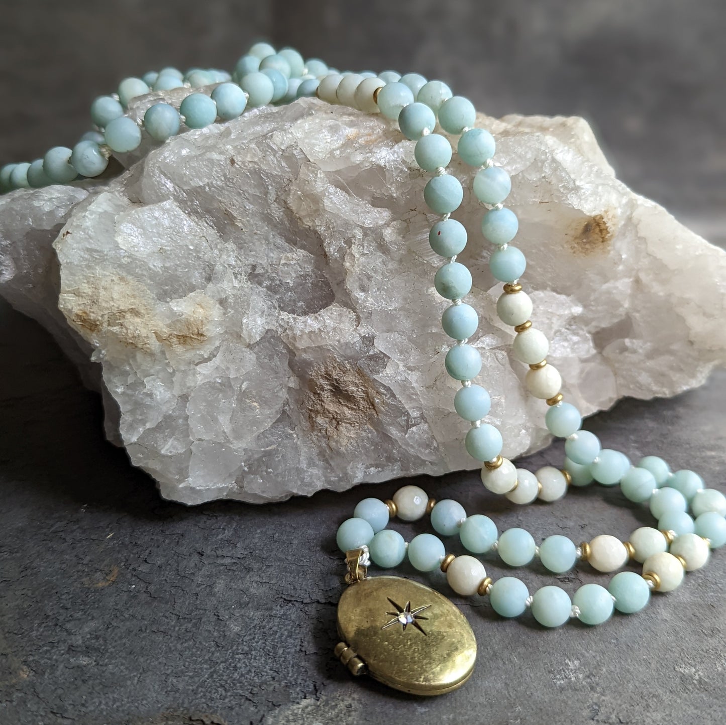 Blue Amazonite Mala-Style Necklace with Brass Locket