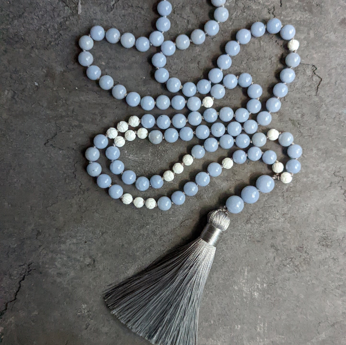 Angelite Mala Necklace with White Lotus Accents