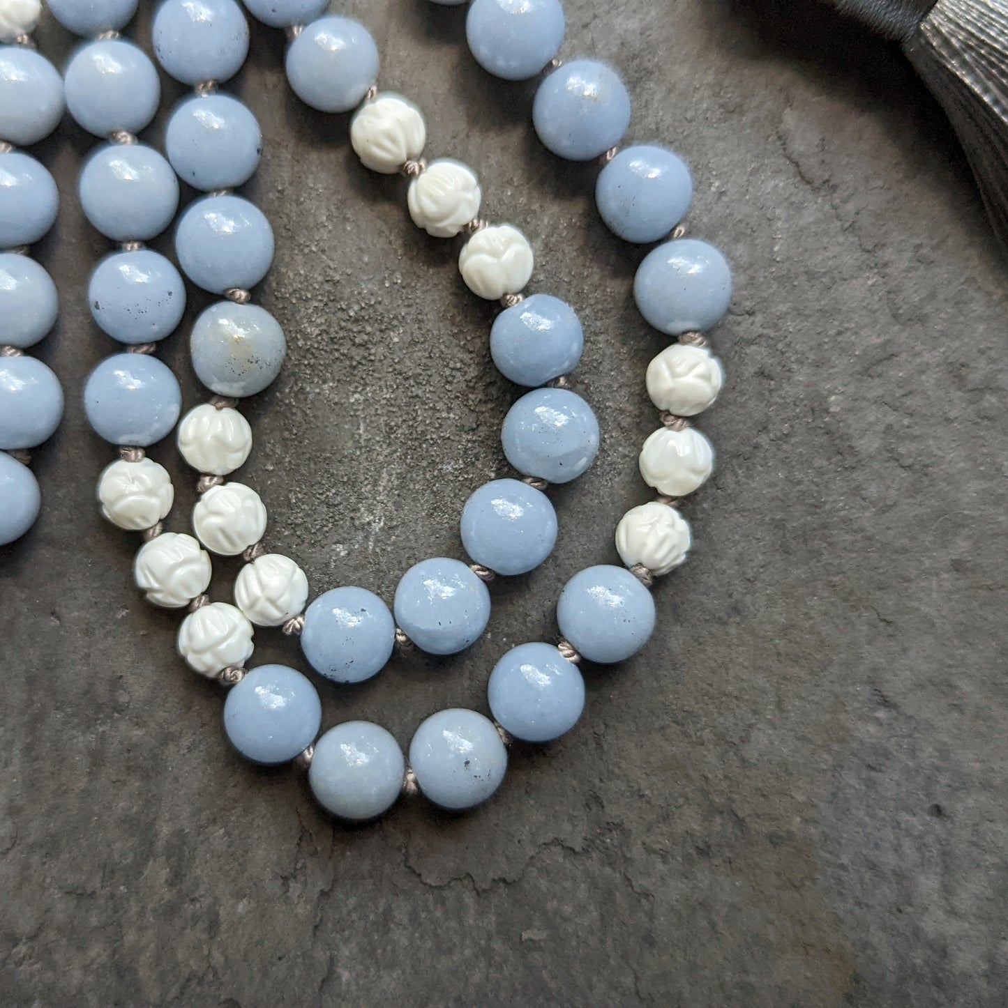 Angelite Mala Necklace with White Lotus Accents