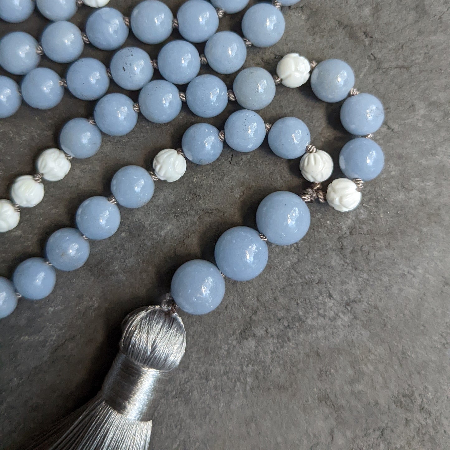 Angelite Mala Necklace with White Lotus Accents