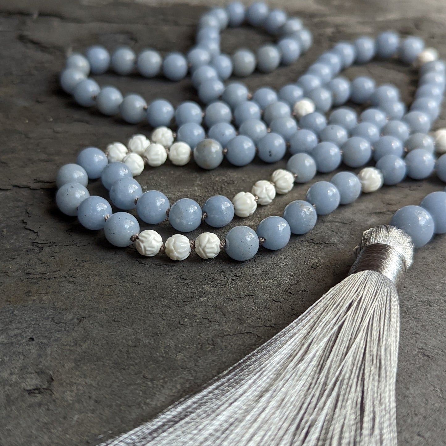 Angelite Mala Necklace with White Lotus Accents