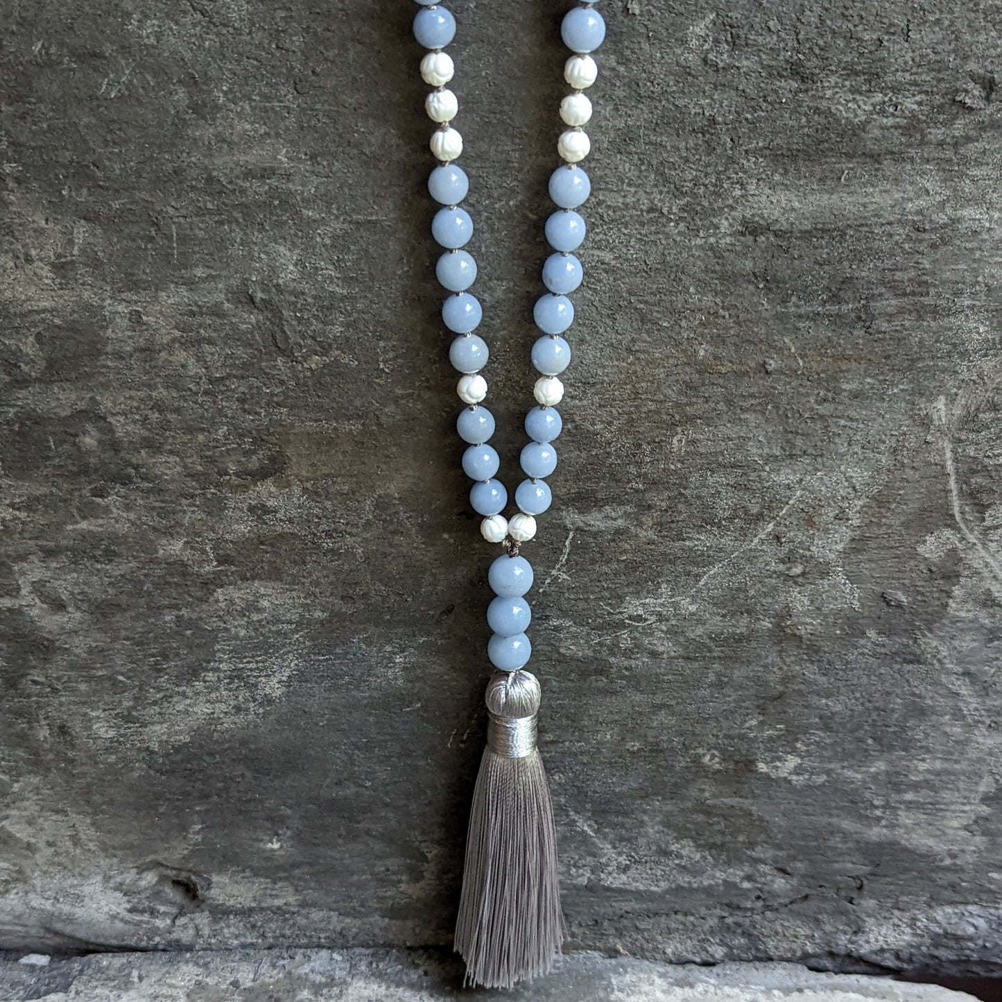 Angelite Mala Necklace with White Lotus Accents