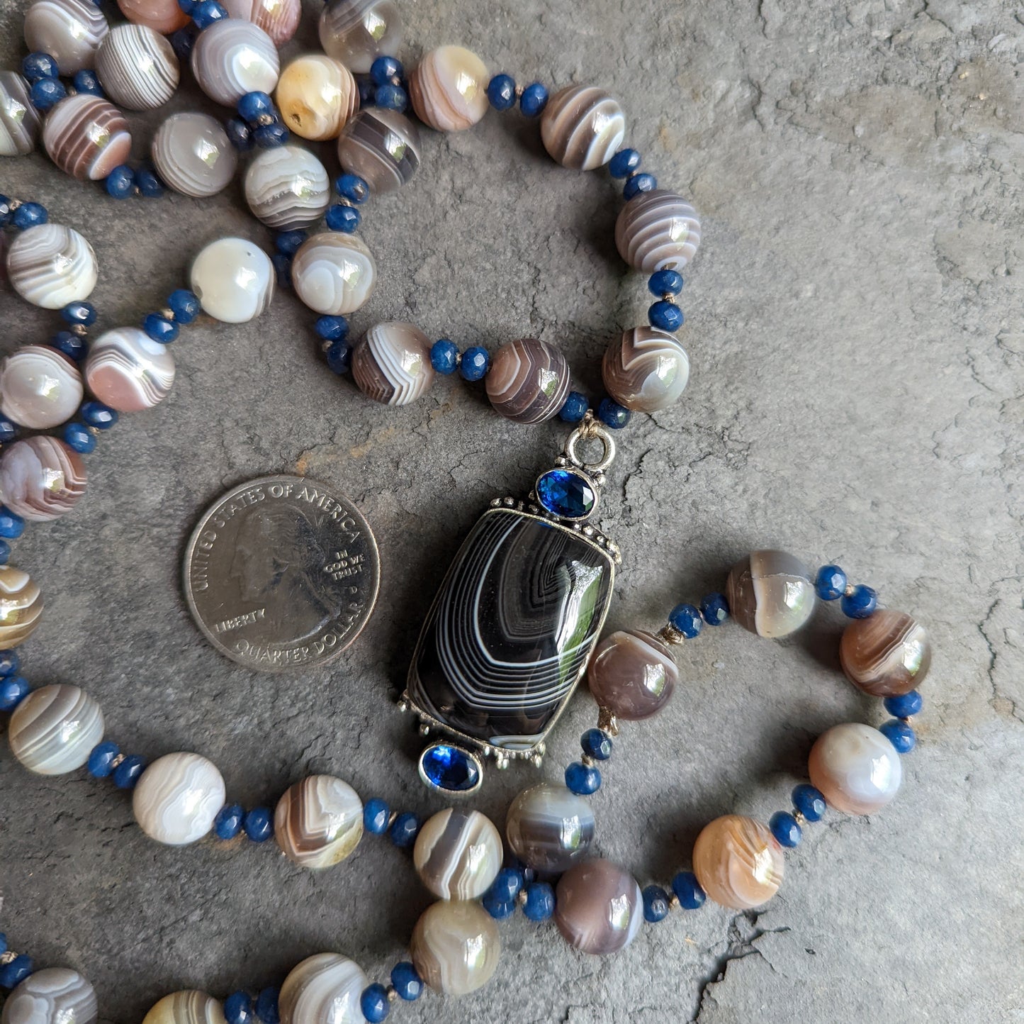 AAA Sapphire and AA Botswana Agate Necklace with Sterling Silver Pendant