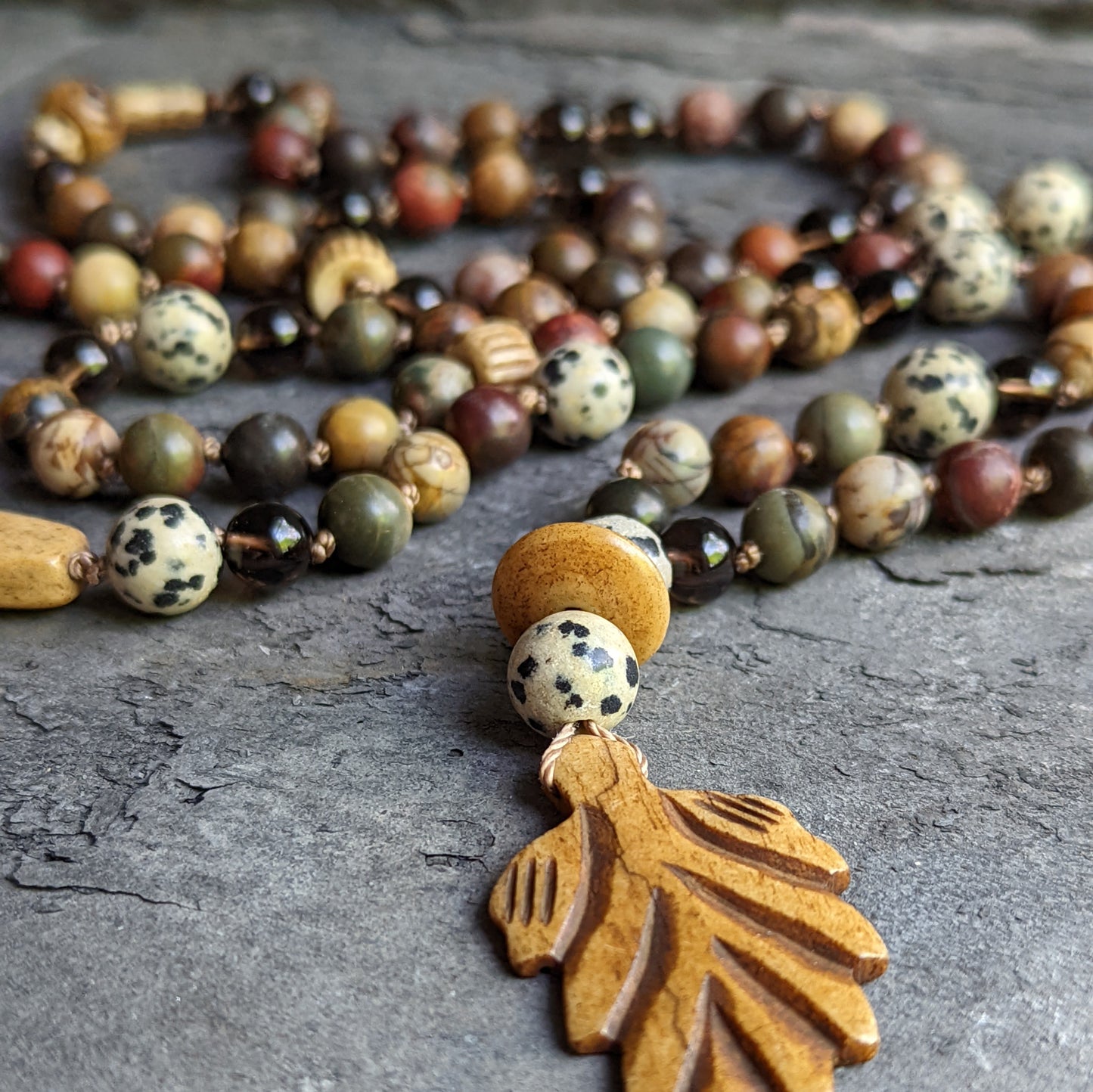 Red Cherry Creek Jasper Necklace with Smokey Quartz and Dalmatian Jasper Accents