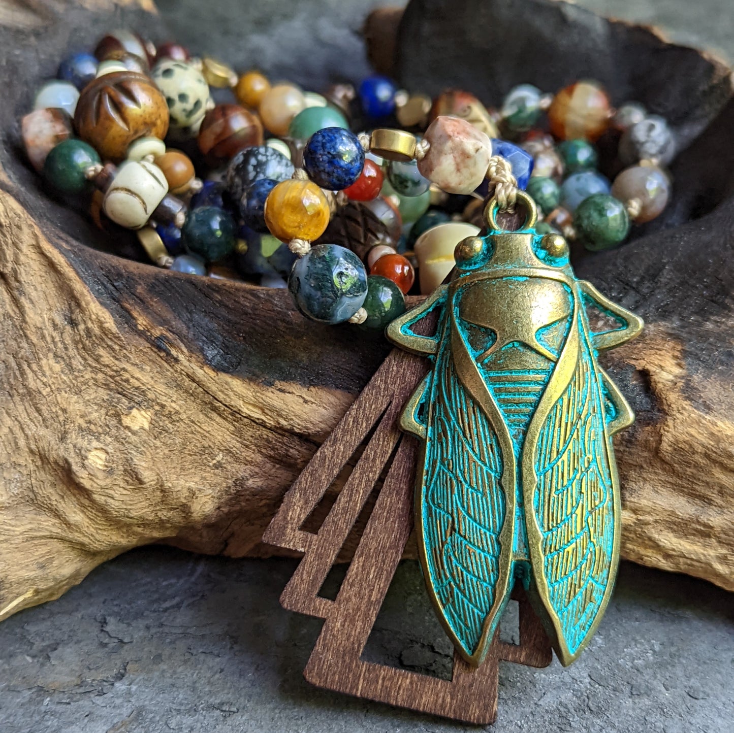 Multi-stone Brass Cicada Pendant Necklace