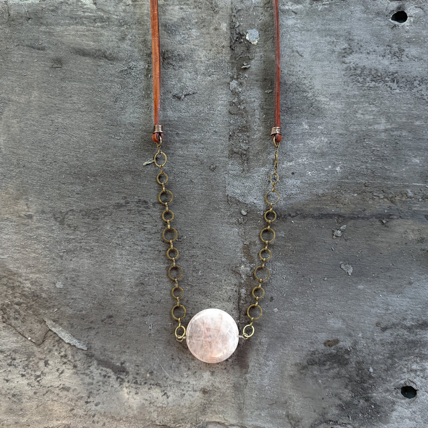 Rose Quartz and Leather Pendant Necklace