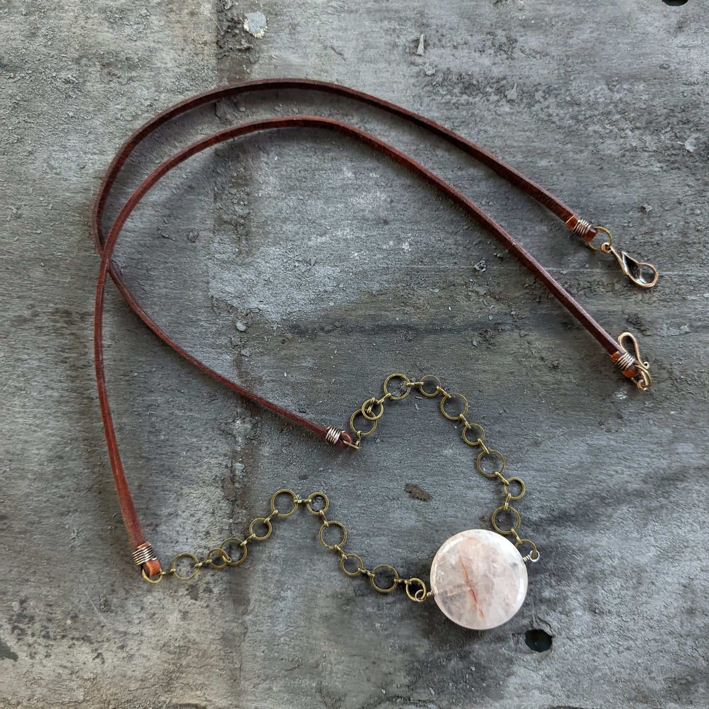 Rose Quartz and Leather Pendant Necklace