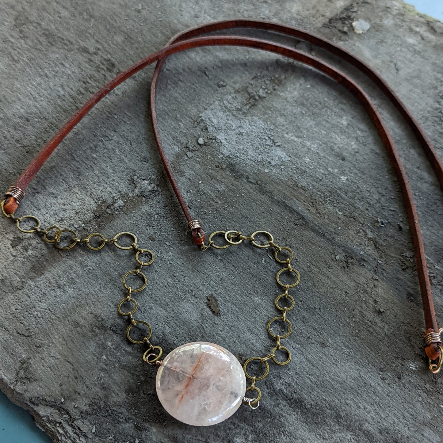 Rose Quartz and Leather Pendant Necklace