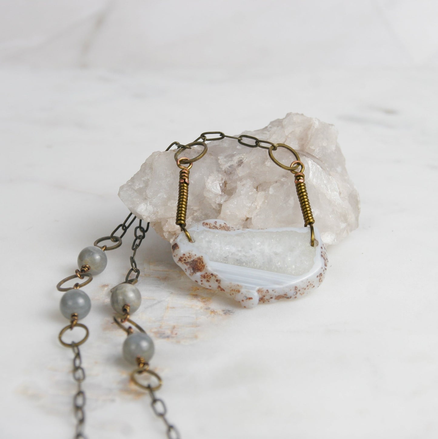 Geode Slice Necklace with Leather and Labradorite