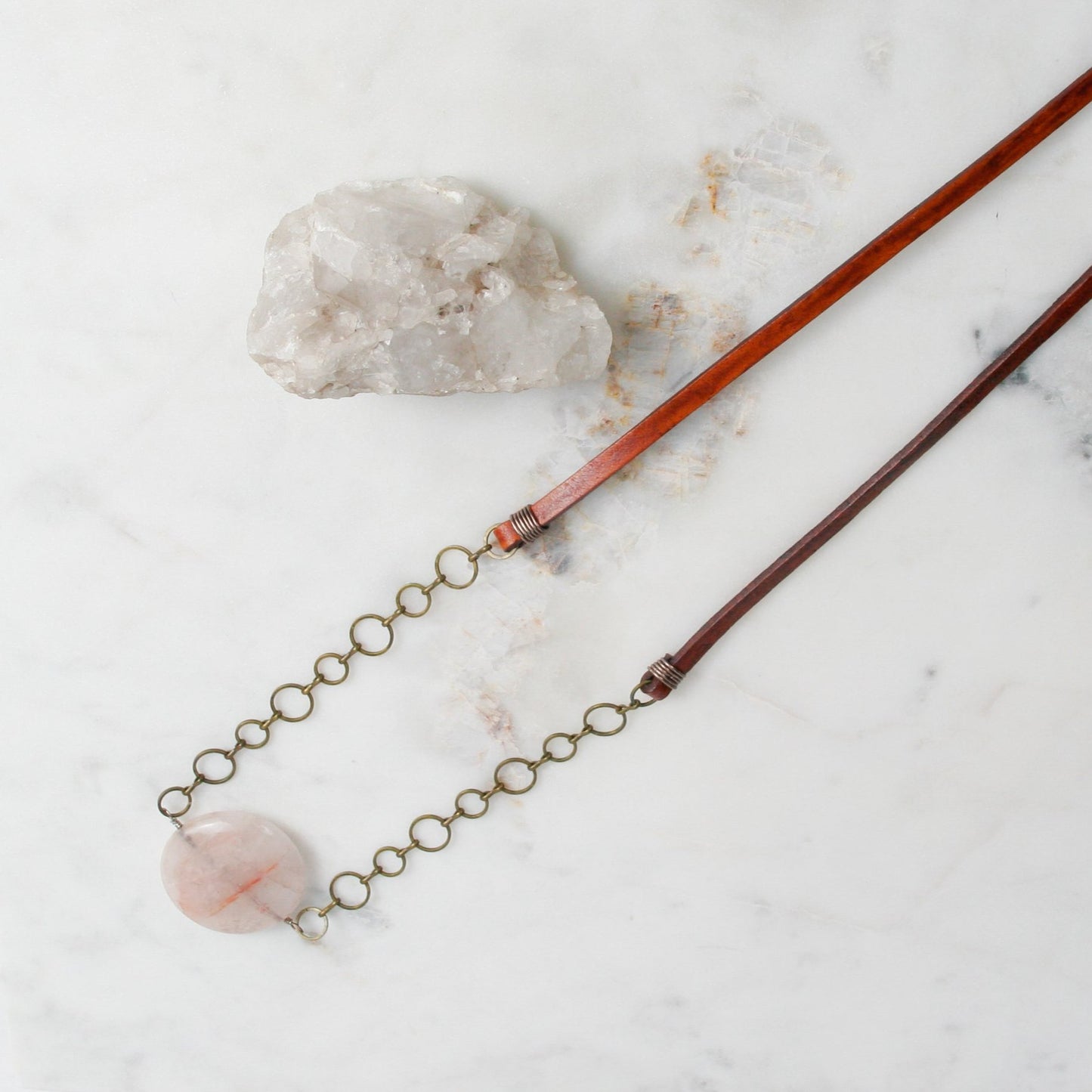 Rose Quartz and Leather Pendant Necklace