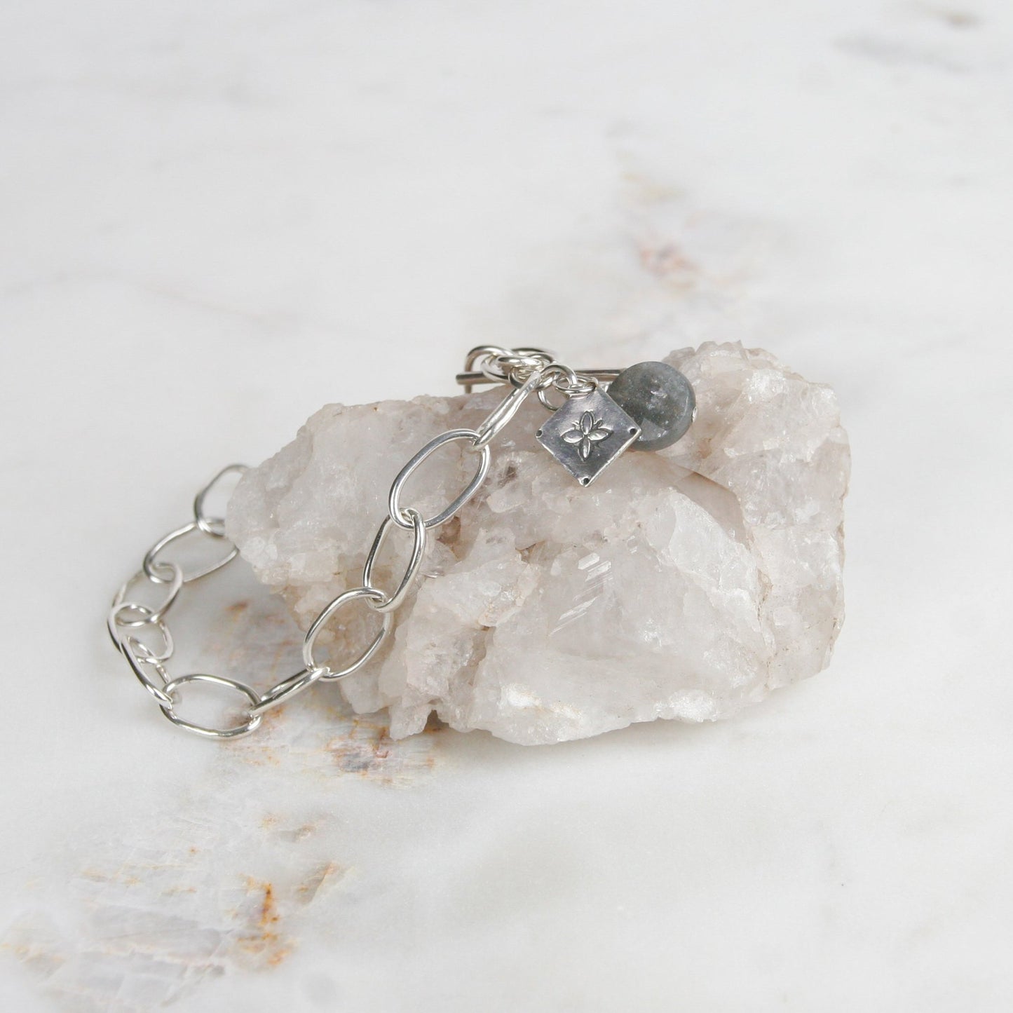 Sterling Silver Link Bracelet with Labradorite Charm