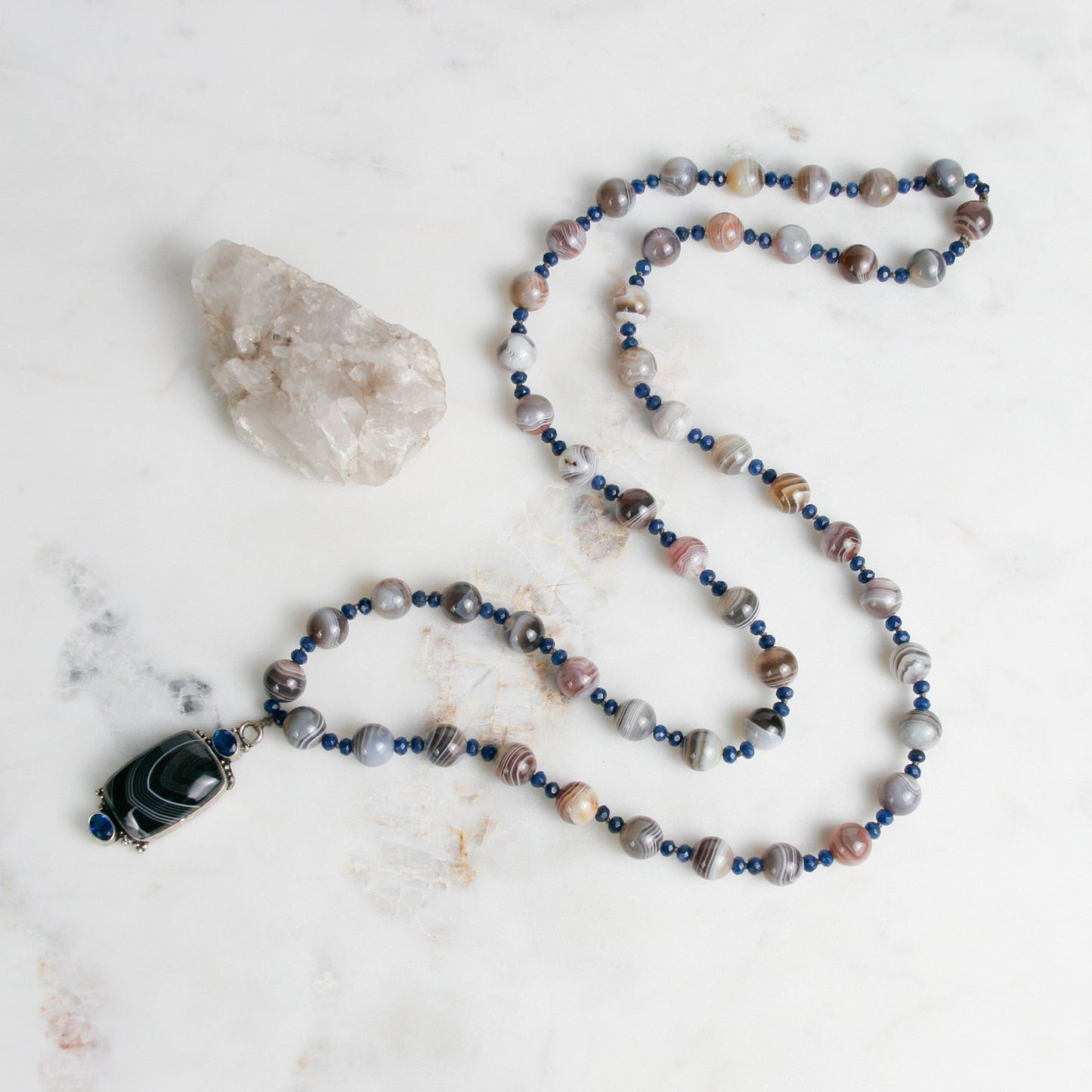 AAA Sapphire and AA Botswana Agate Necklace with Sterling Silver Pendant