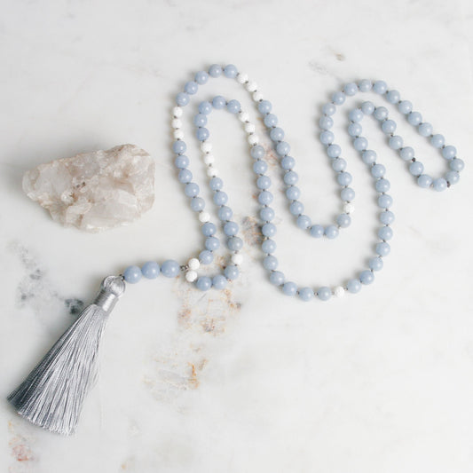 Angelite Mala Necklace with White Lotus Accents