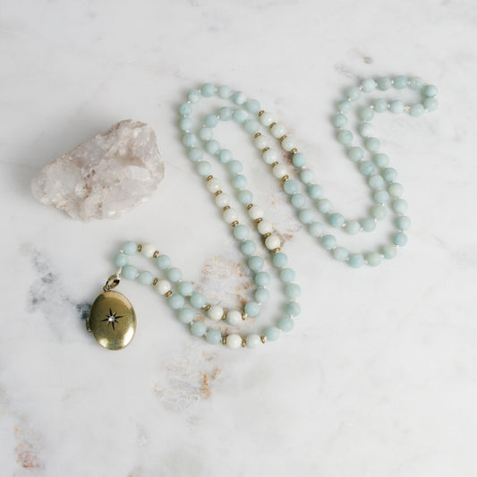 Blue Amazonite Mala-Style Necklace with Brass Locket