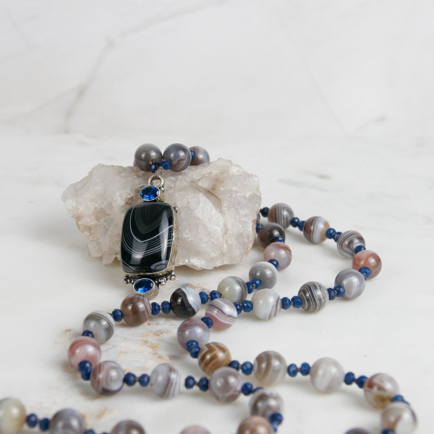 AAA Sapphire and AA Botswana Agate Necklace with Sterling Silver Pendant