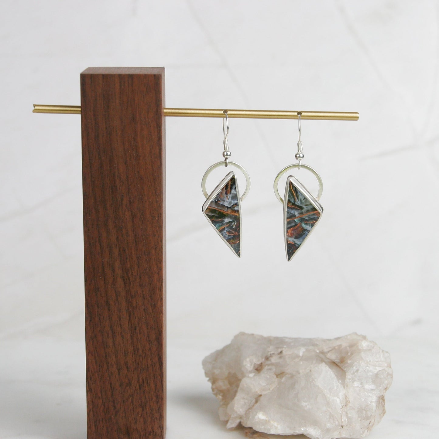 Opalized Petrified Wood with Native Copper Drop Earrings