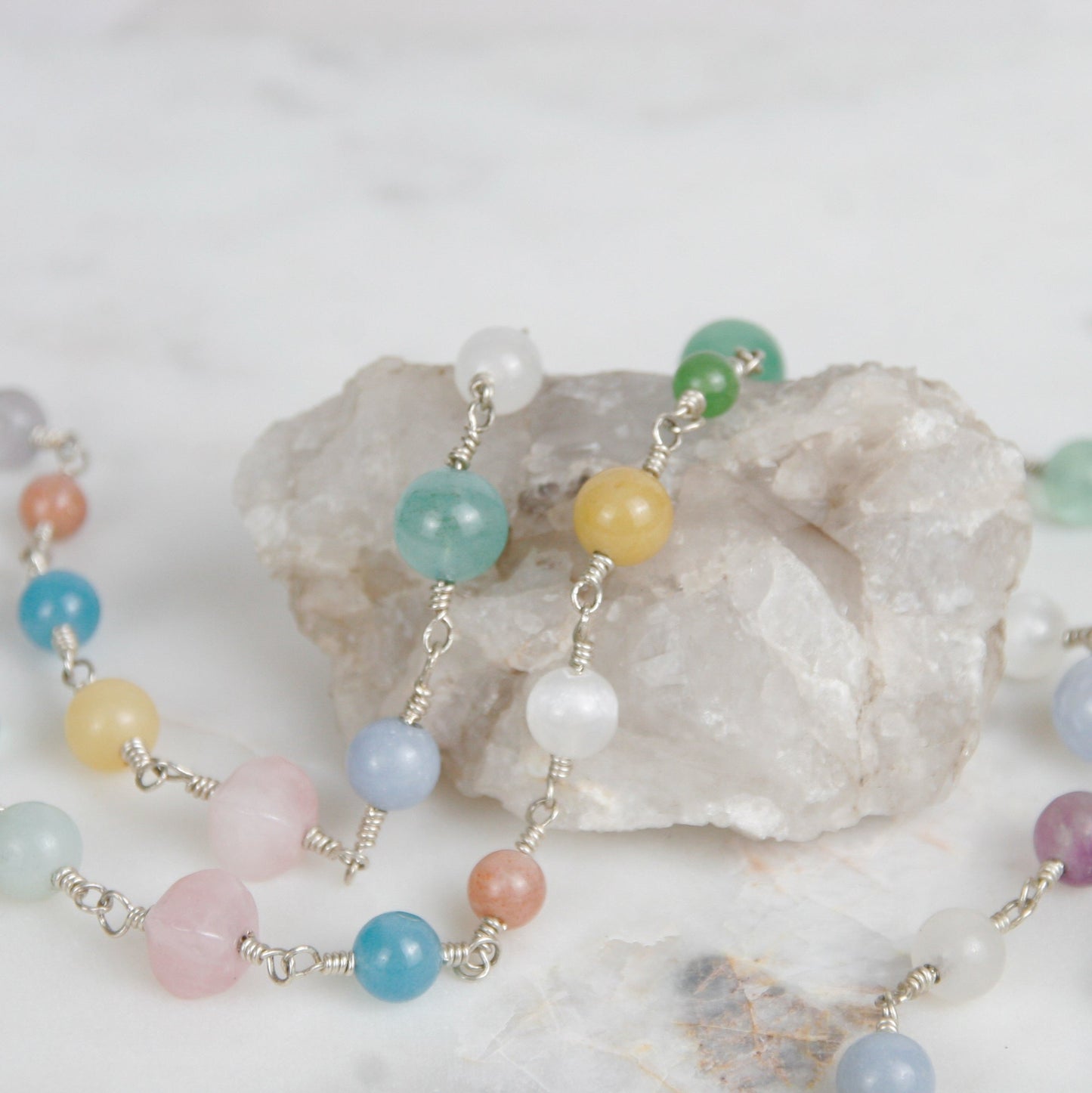 Silver and Pastel Stone Necklace with Green Fluorite Pendant