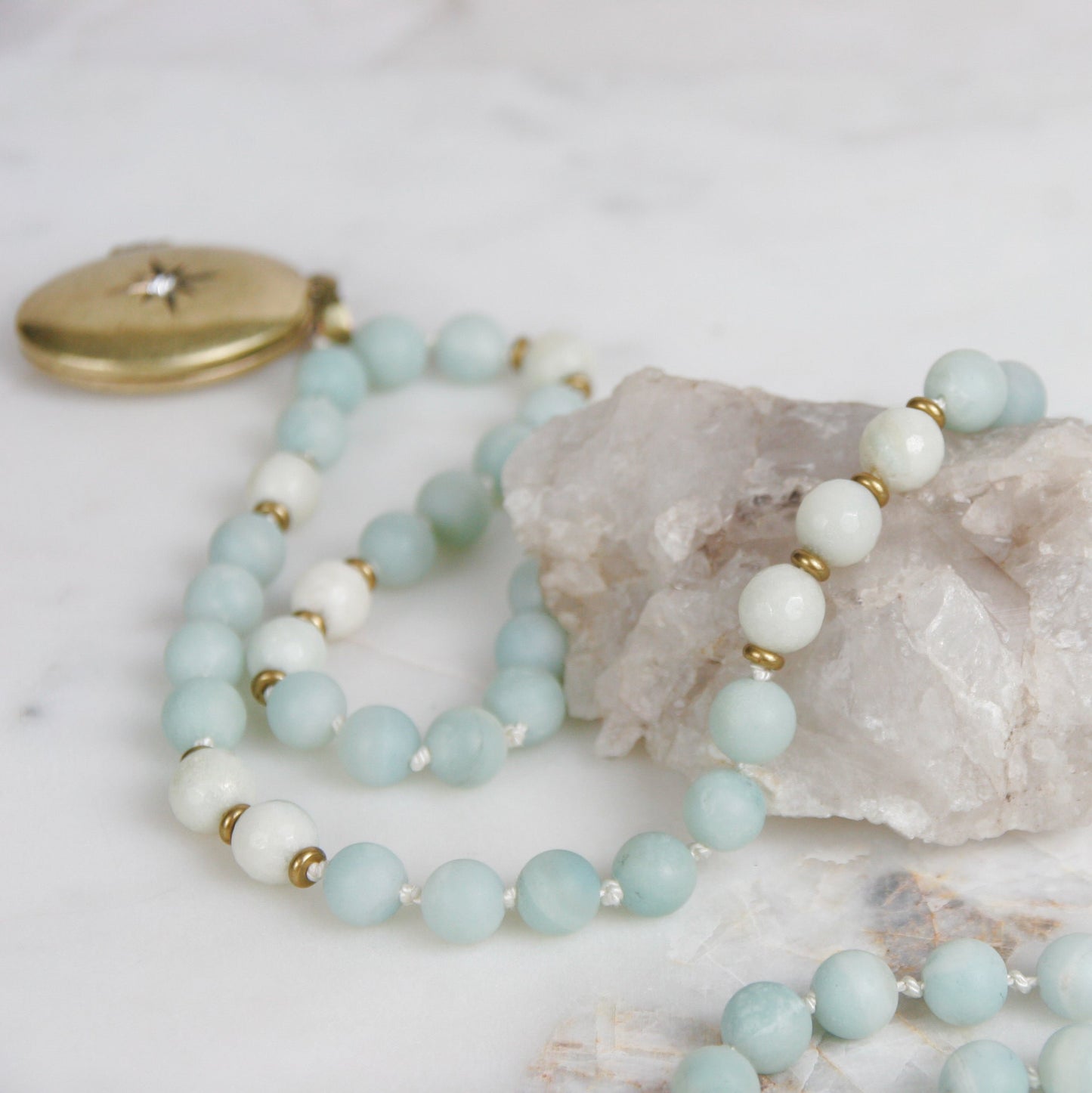 Blue Amazonite Mala-Style Necklace with Brass Locket