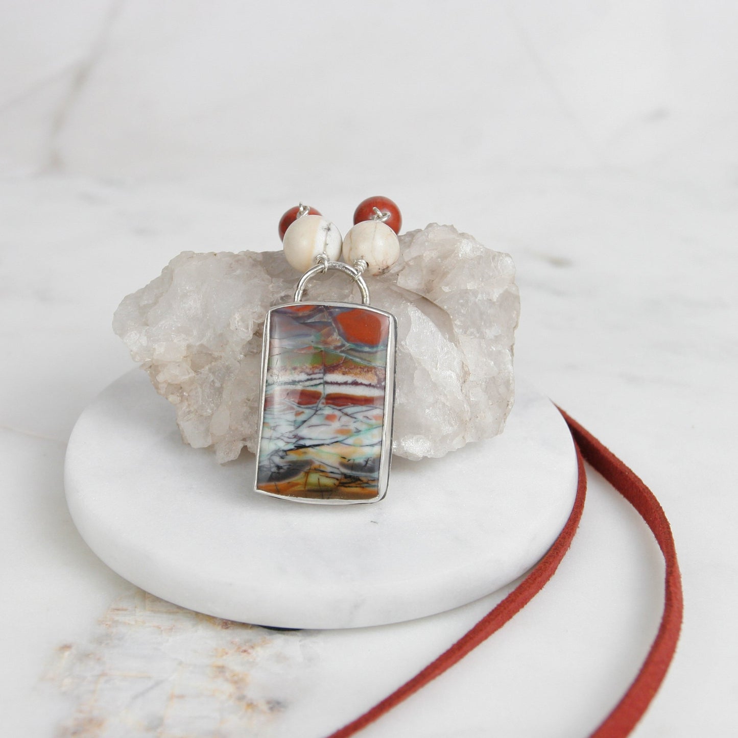 Opalized Petrified Wood and Red Suede Necklace