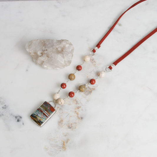 Opalized Petrified Wood and Red Suede Necklace