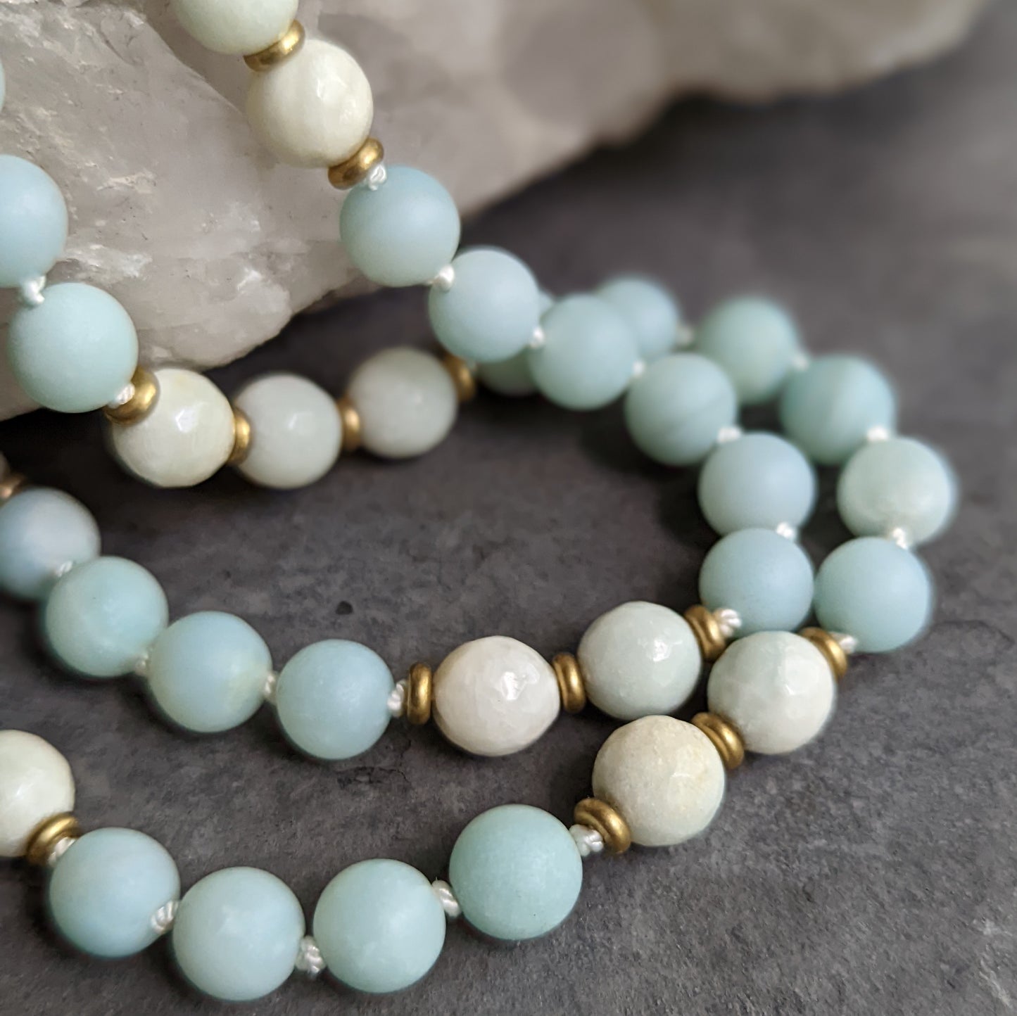 Blue Amazonite Mala-Style Necklace with Brass Locket
