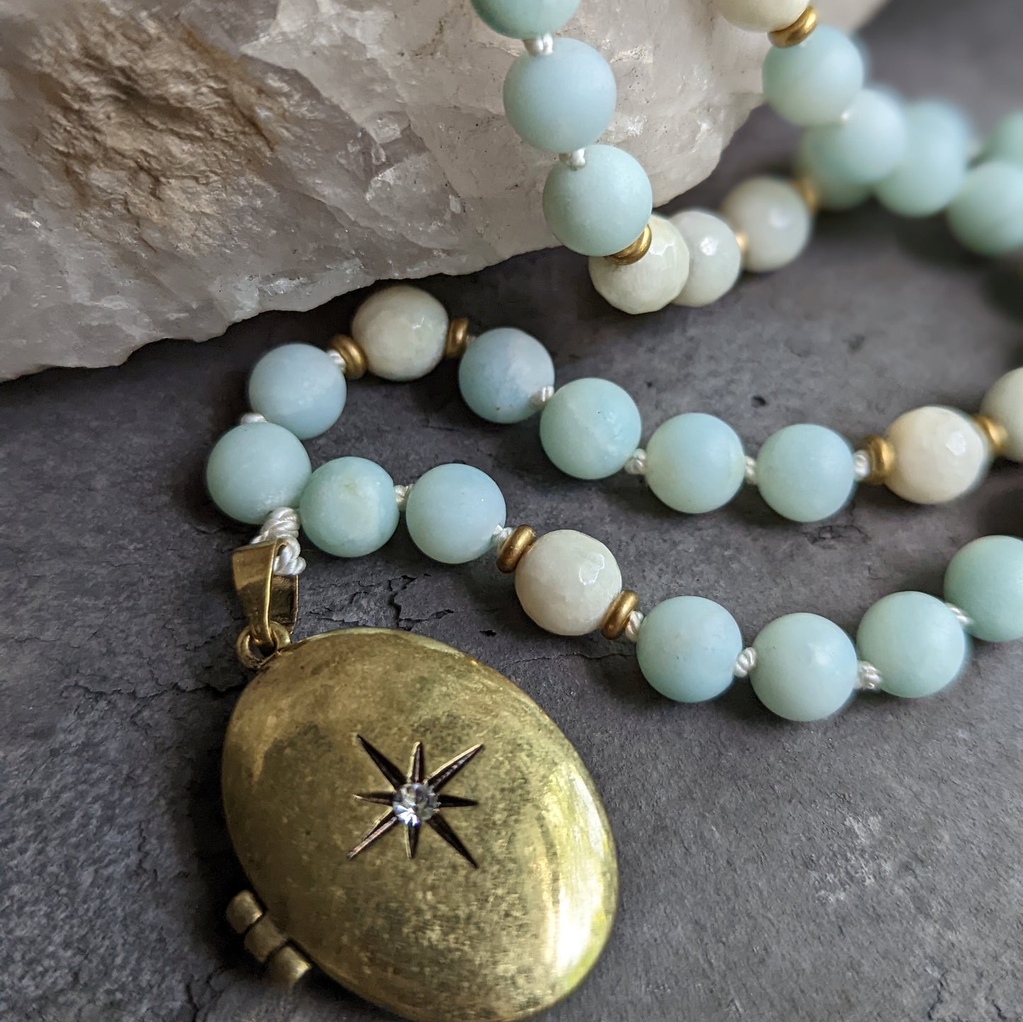 Blue Amazonite Mala-Style Necklace with Brass Locket