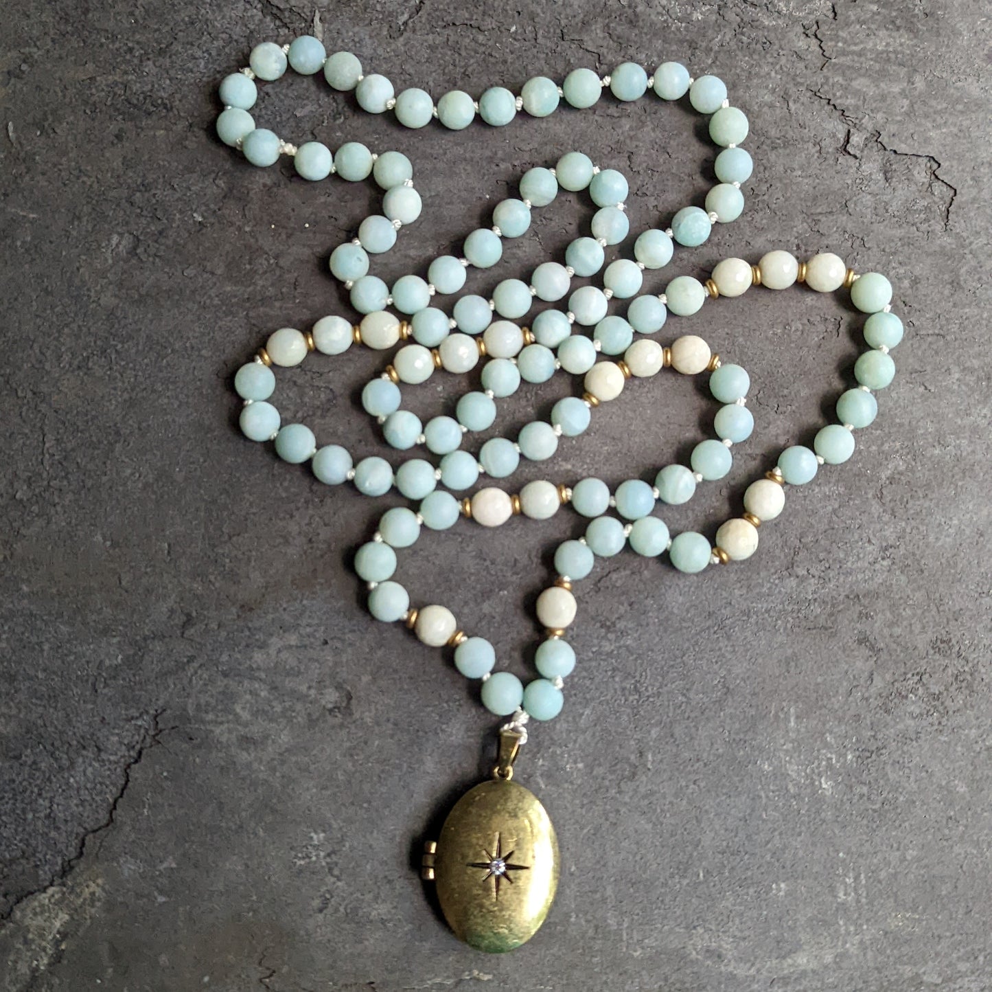 Blue Amazonite Mala-Style Necklace with Brass Locket