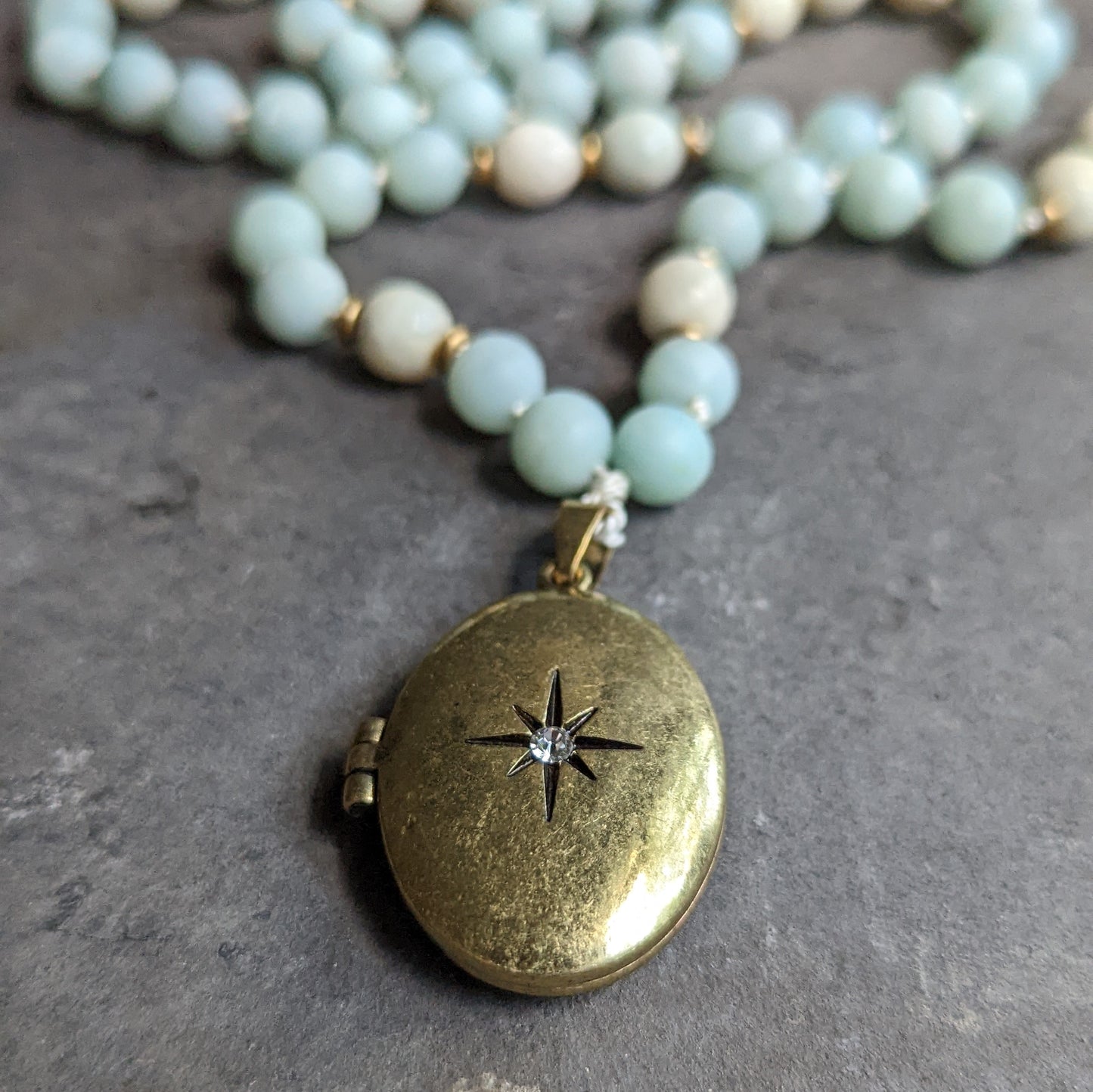Blue Amazonite Mala-Style Necklace with Brass Locket