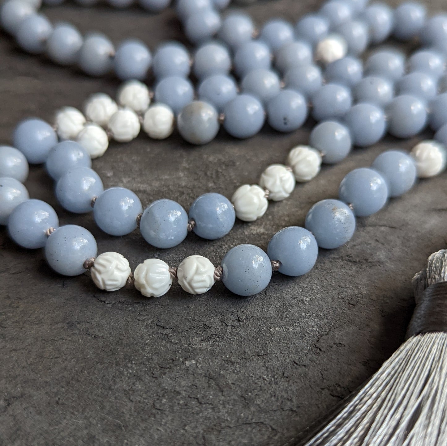 Angelite Mala Necklace with White Lotus Accents