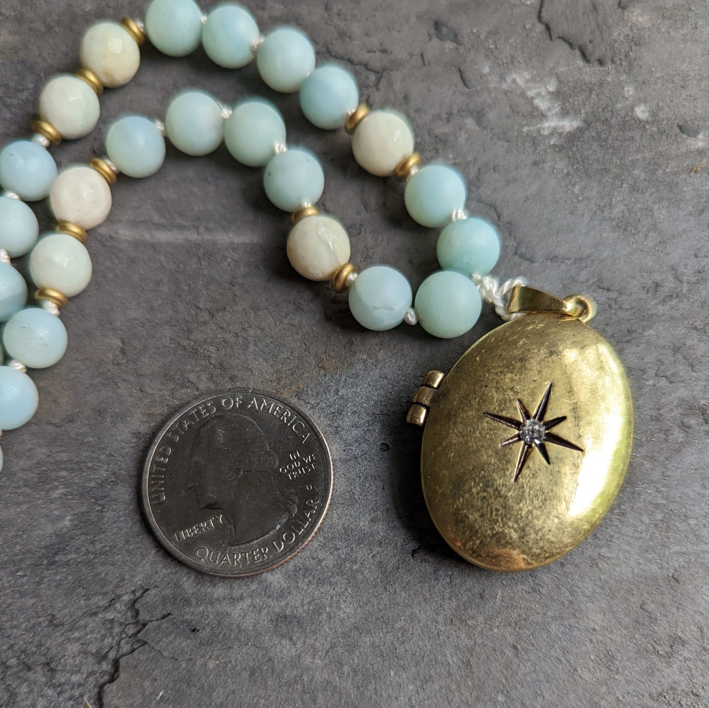 Blue Amazonite Mala-Style Necklace with Brass Locket