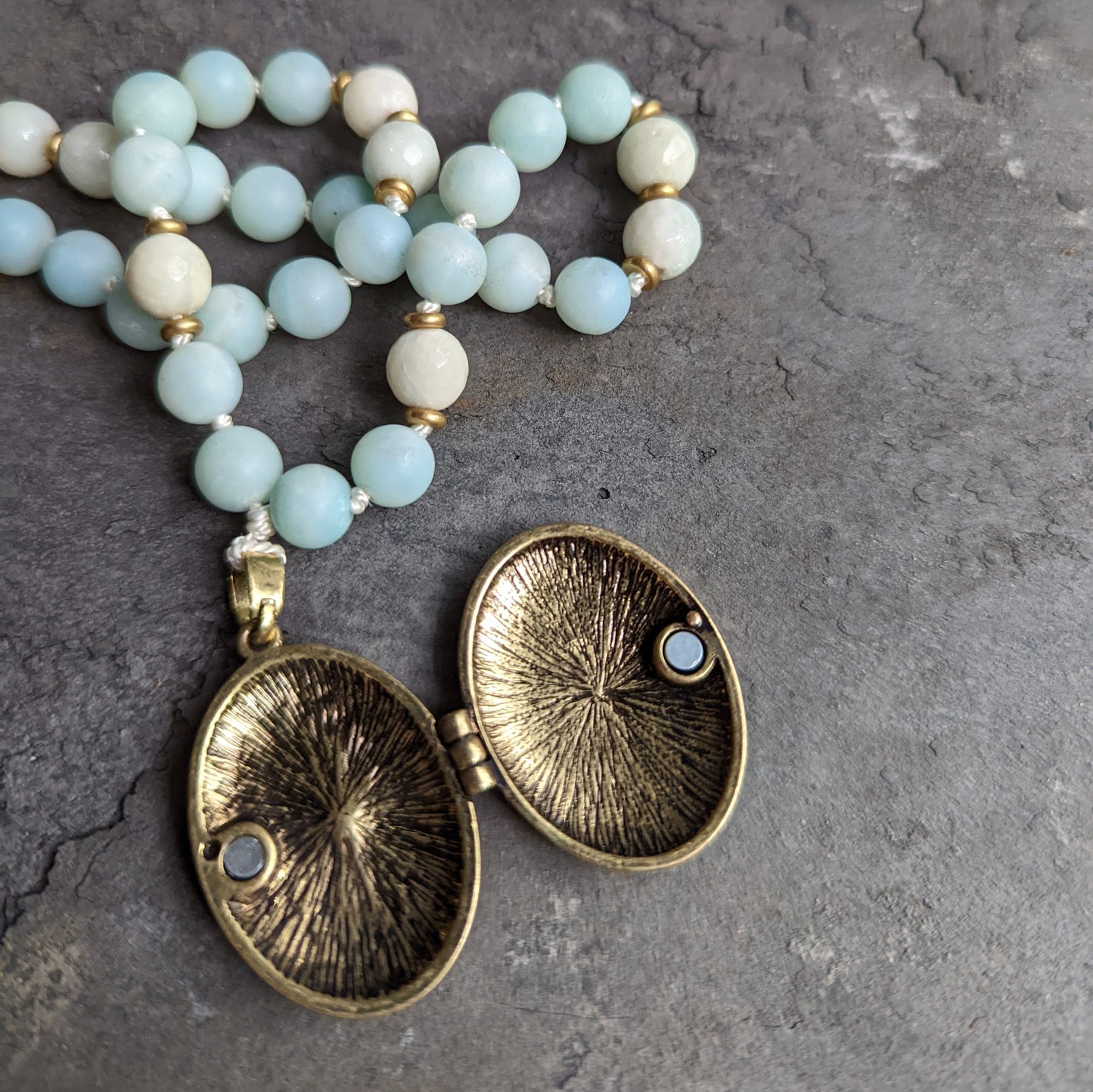 Blue Amazonite Mala-Style Necklace with Brass Locket