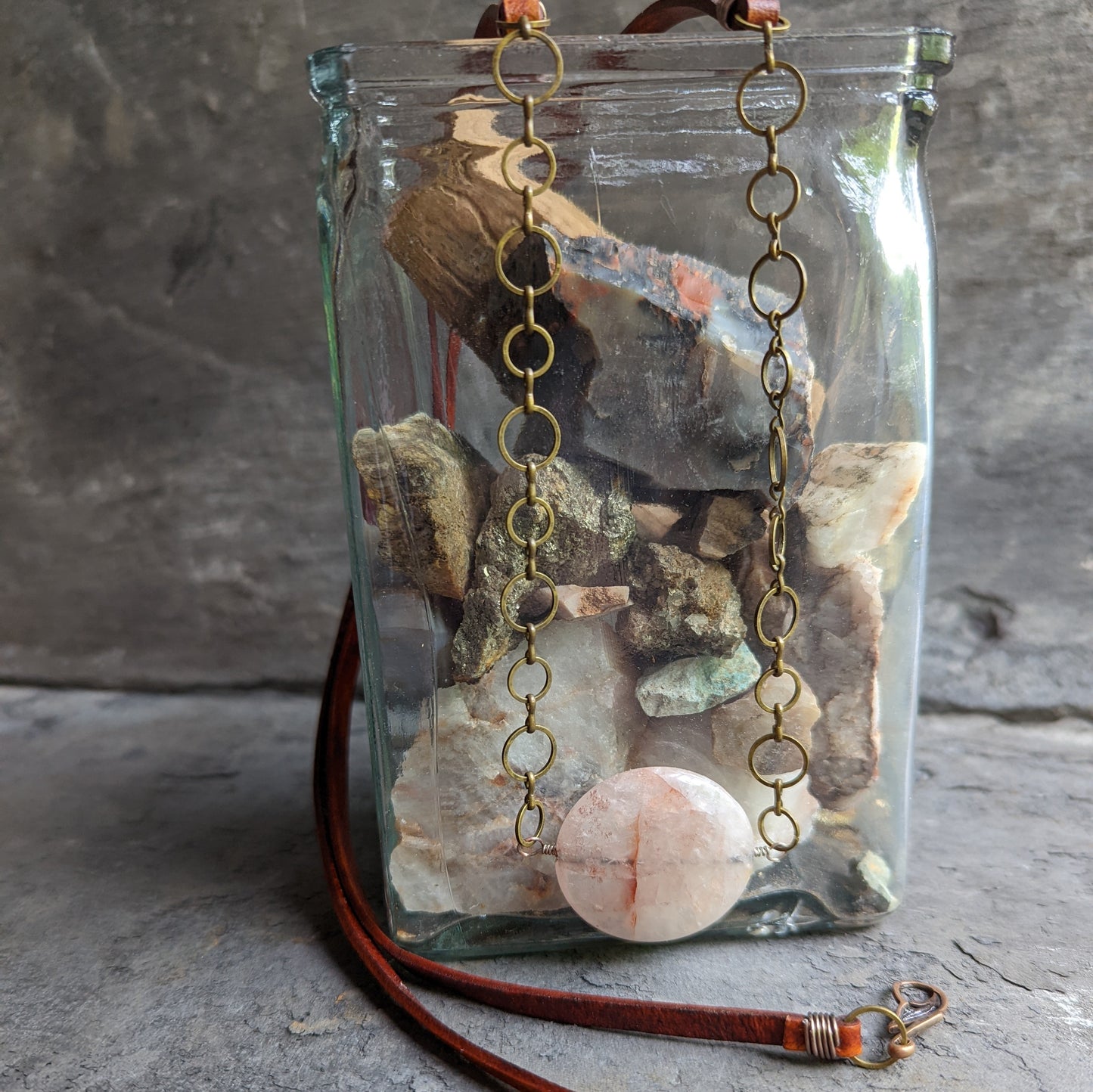 Rose Quartz and Leather Pendant Necklace