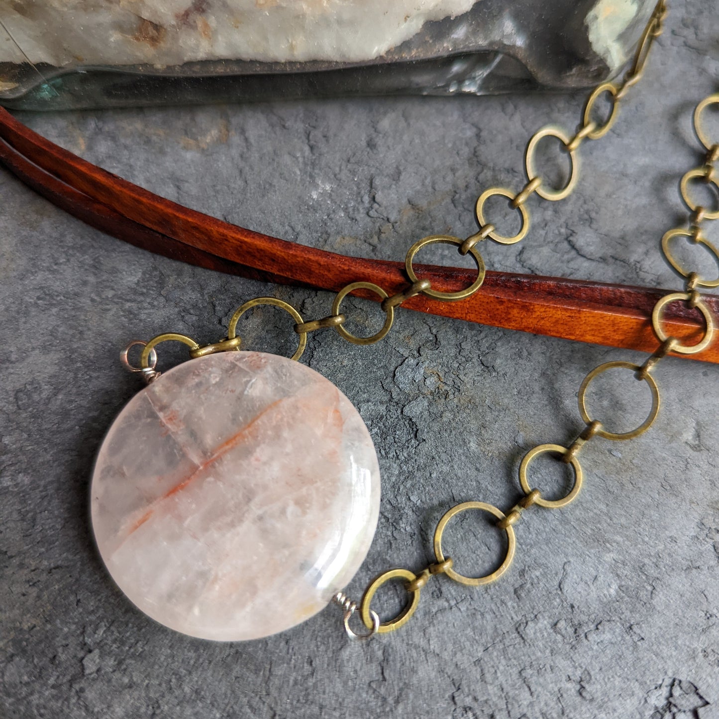 Rose Quartz and Leather Pendant Necklace